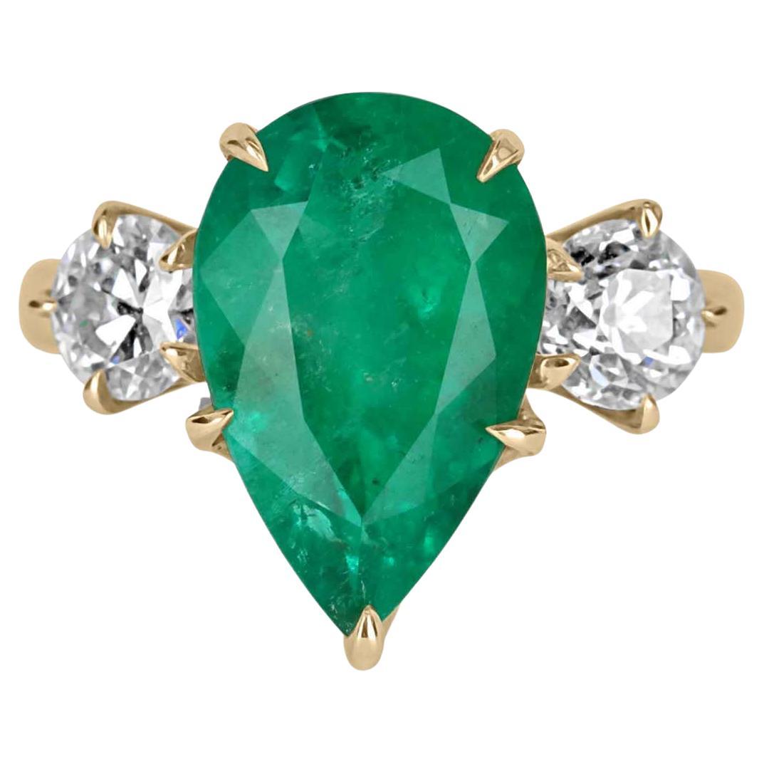 6.68tcw 18K Pear Emerald & Old European Cut Diamond Three Stone Vintage Ring For Sale