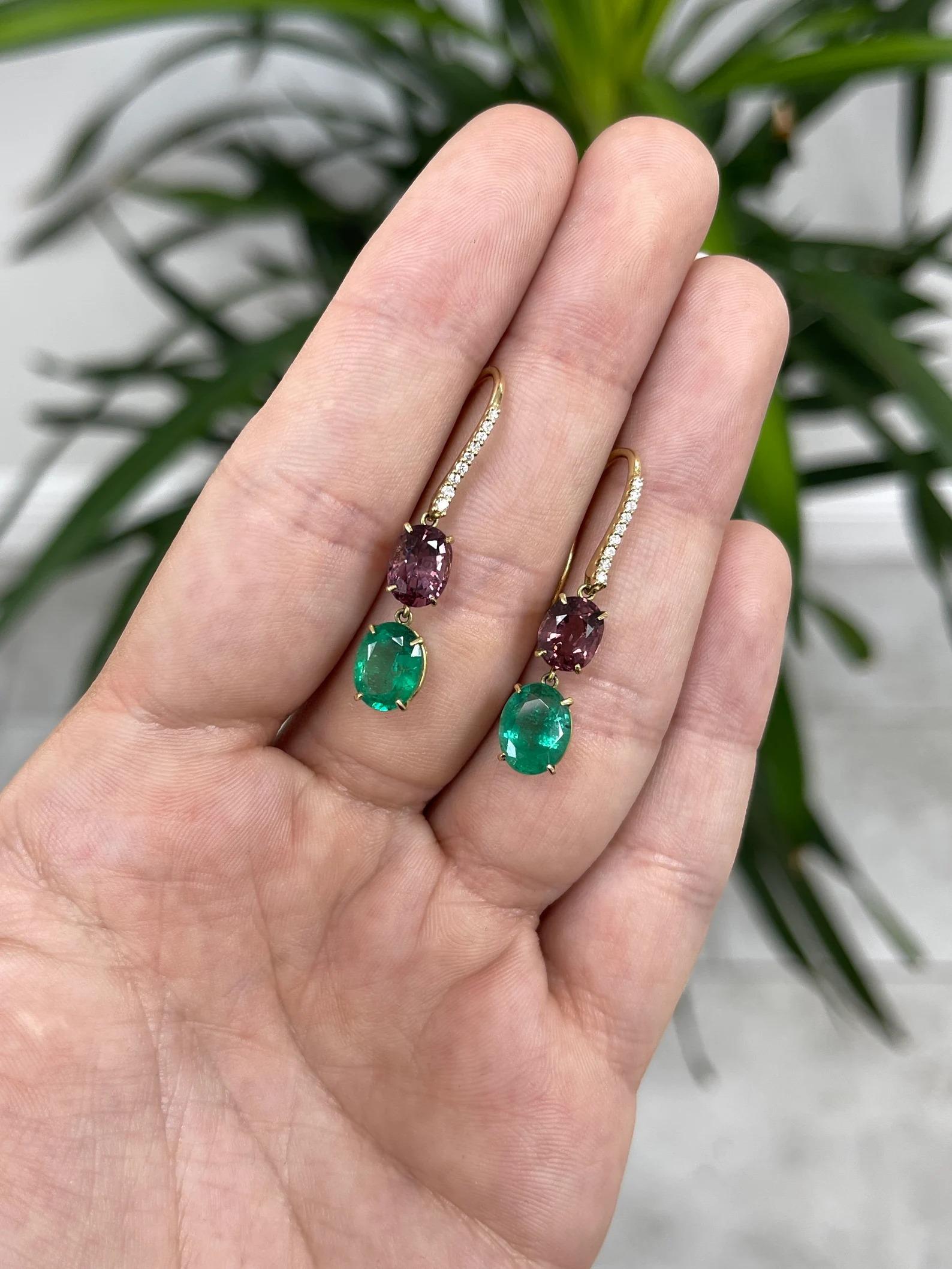 Modern 6.68tcw Vivid Green Emerald, Spinel, & Pave Diamond Accent Dangle Earrings 18K For Sale