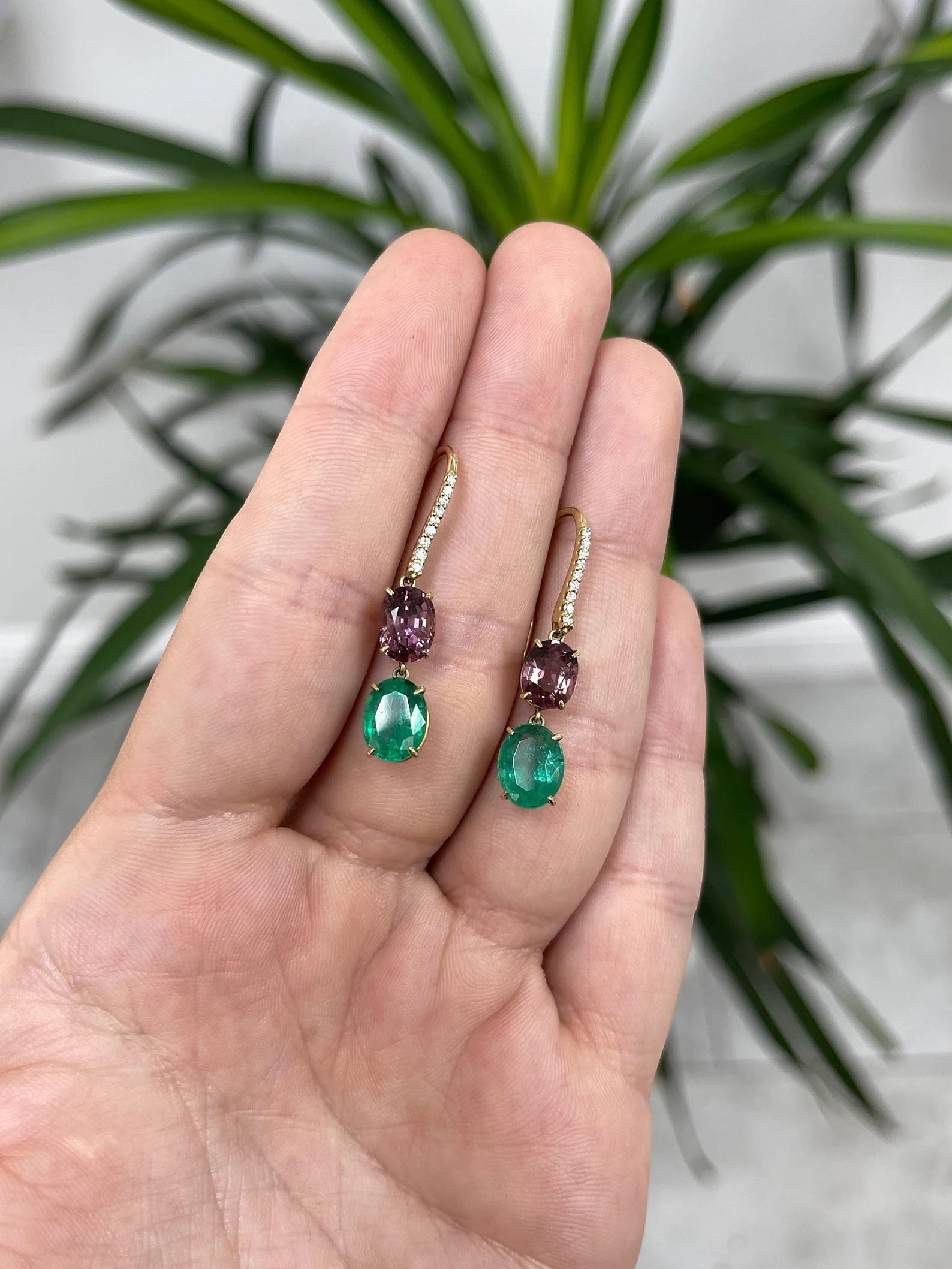 Oval Cut 6.68tcw Vivid Green Emerald, Spinel, & Pave Diamond Accent Dangle Earrings 18K For Sale