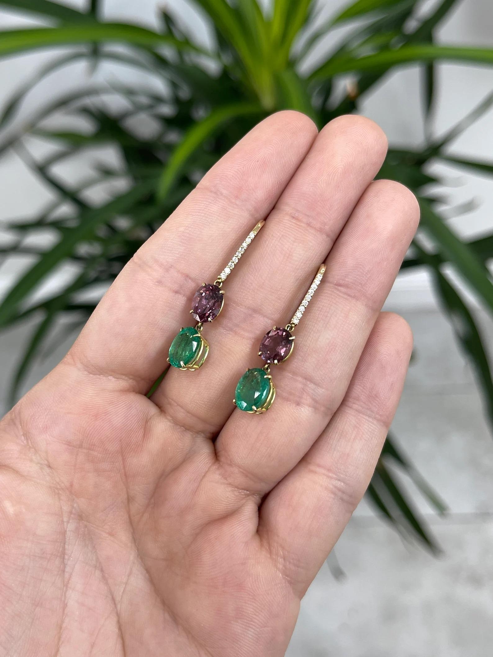 6.68tcw Vivid Green Emerald, Spinel, & Pave Diamond Accent Dangle Earrings 18K In New Condition For Sale In Jupiter, FL