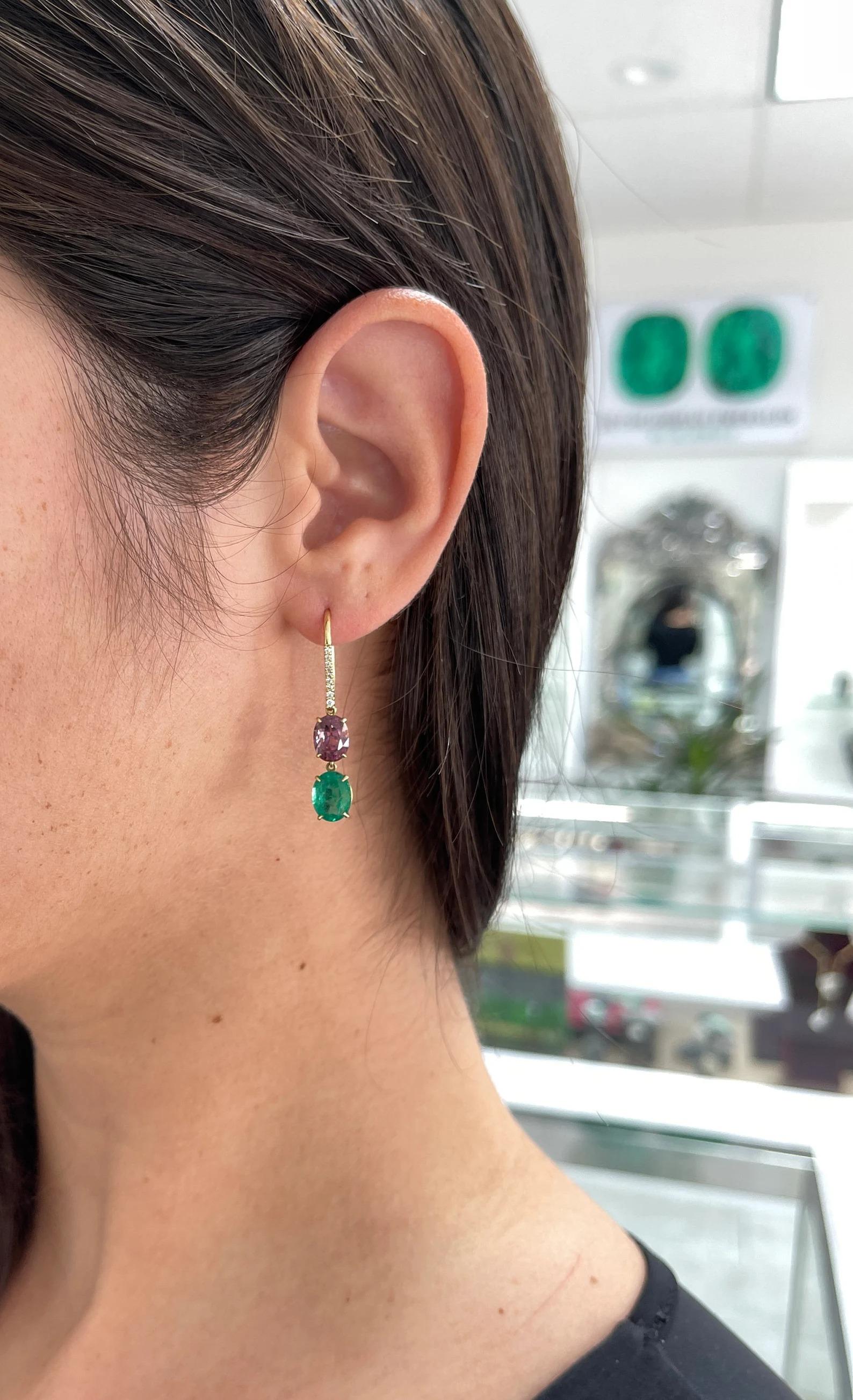 6.68tcw Vivid Green Emerald, Spinel, & Pave Diamond Accent Dangle Earrings 18K For Sale 1