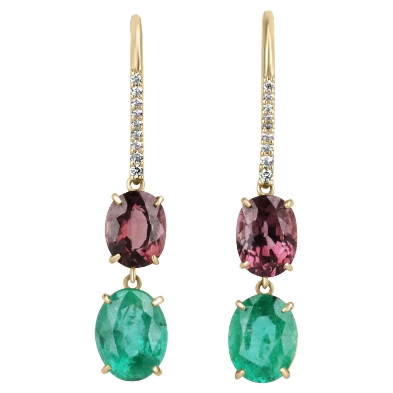 6.68tcw Vivid Green Emerald, Spinel, & Pave Diamond Accent Dangle Earrings 18K For Sale