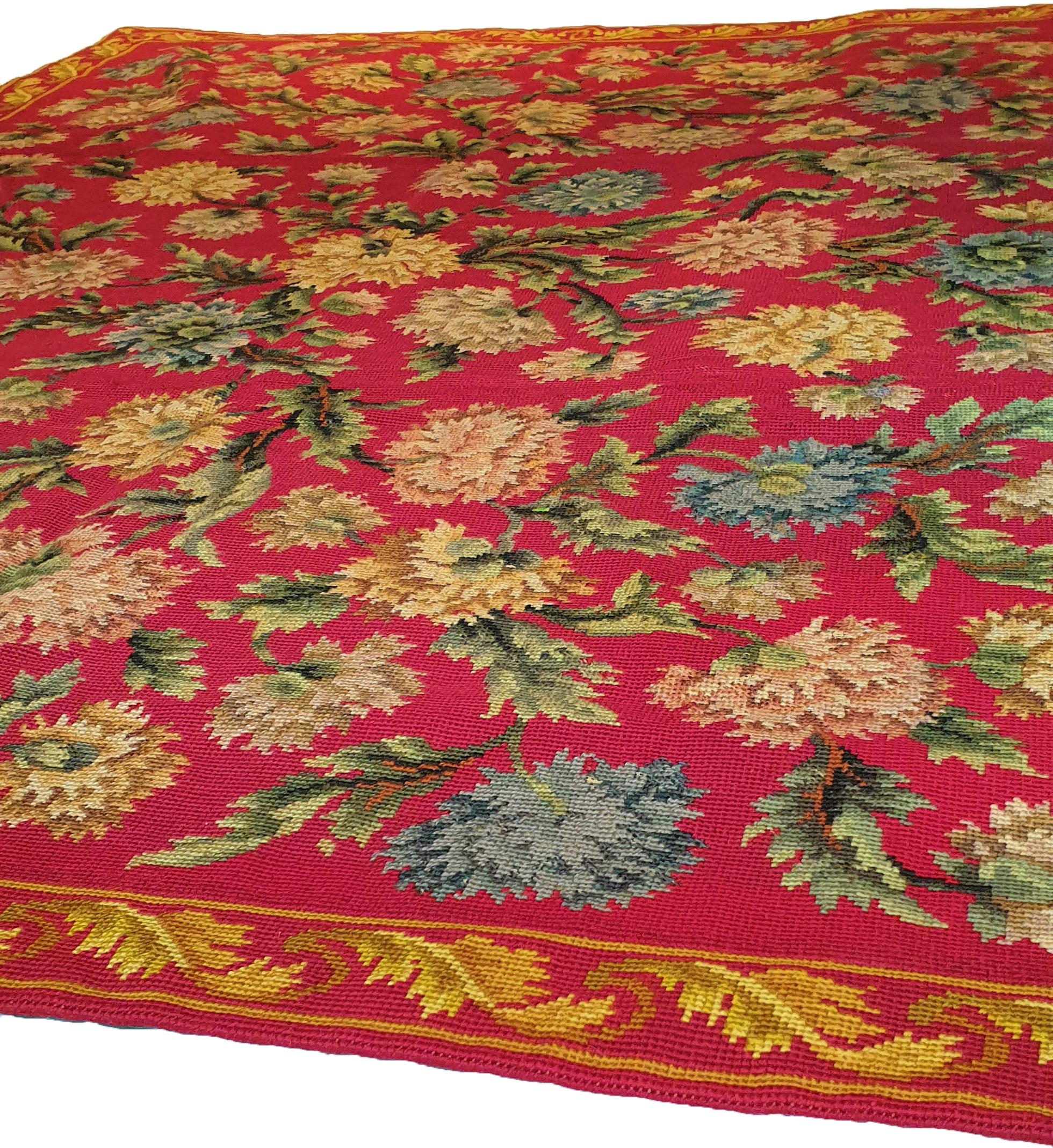 Hand-Knotted 669 -  19th Century Needlepoint Rug Floral For Sale