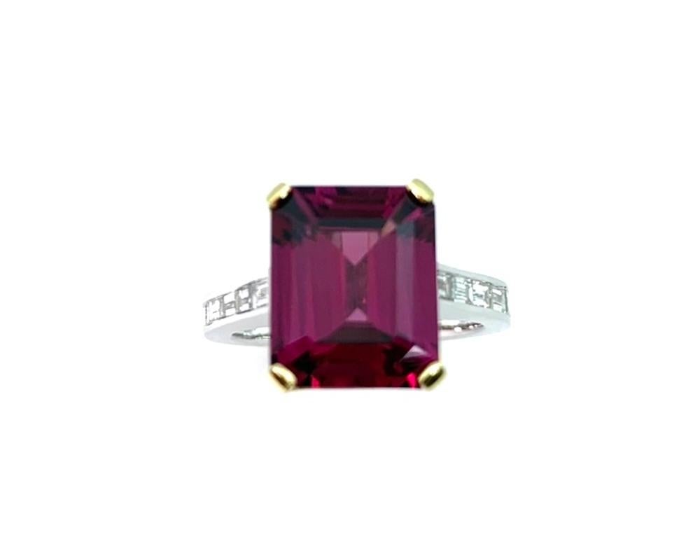 Sleek and modern! This ring design is part of our Sticks and Stones Collection featuring a sophisticated, rectangular center stone and side stones with a similarly contemporary feel. The gem rhodolite garnet showcased here is a rich, raspberry color