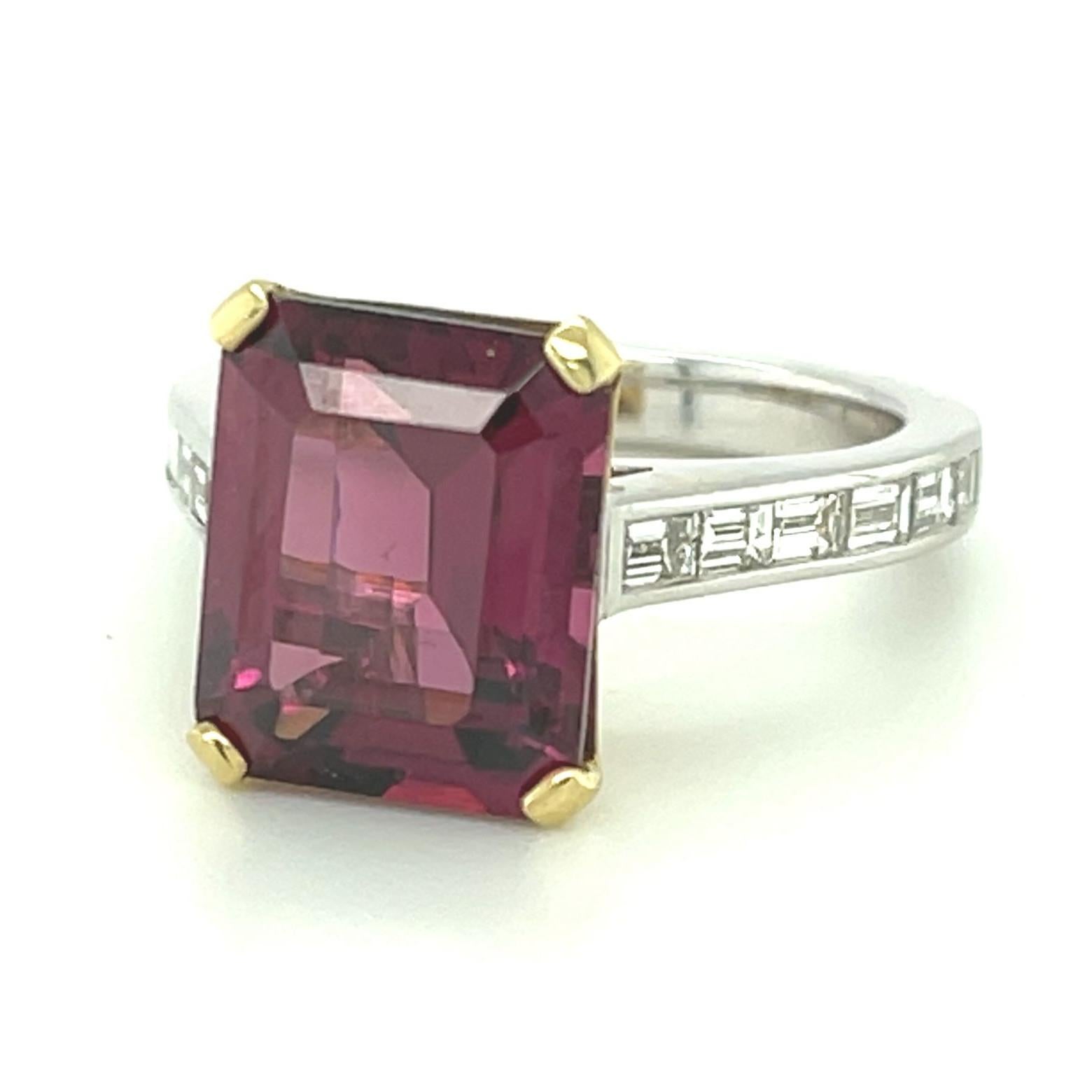 Artisan 6.69 Carat Rhodolite Garnet and Diamond Baguette Engagement Ring in White Gold For Sale