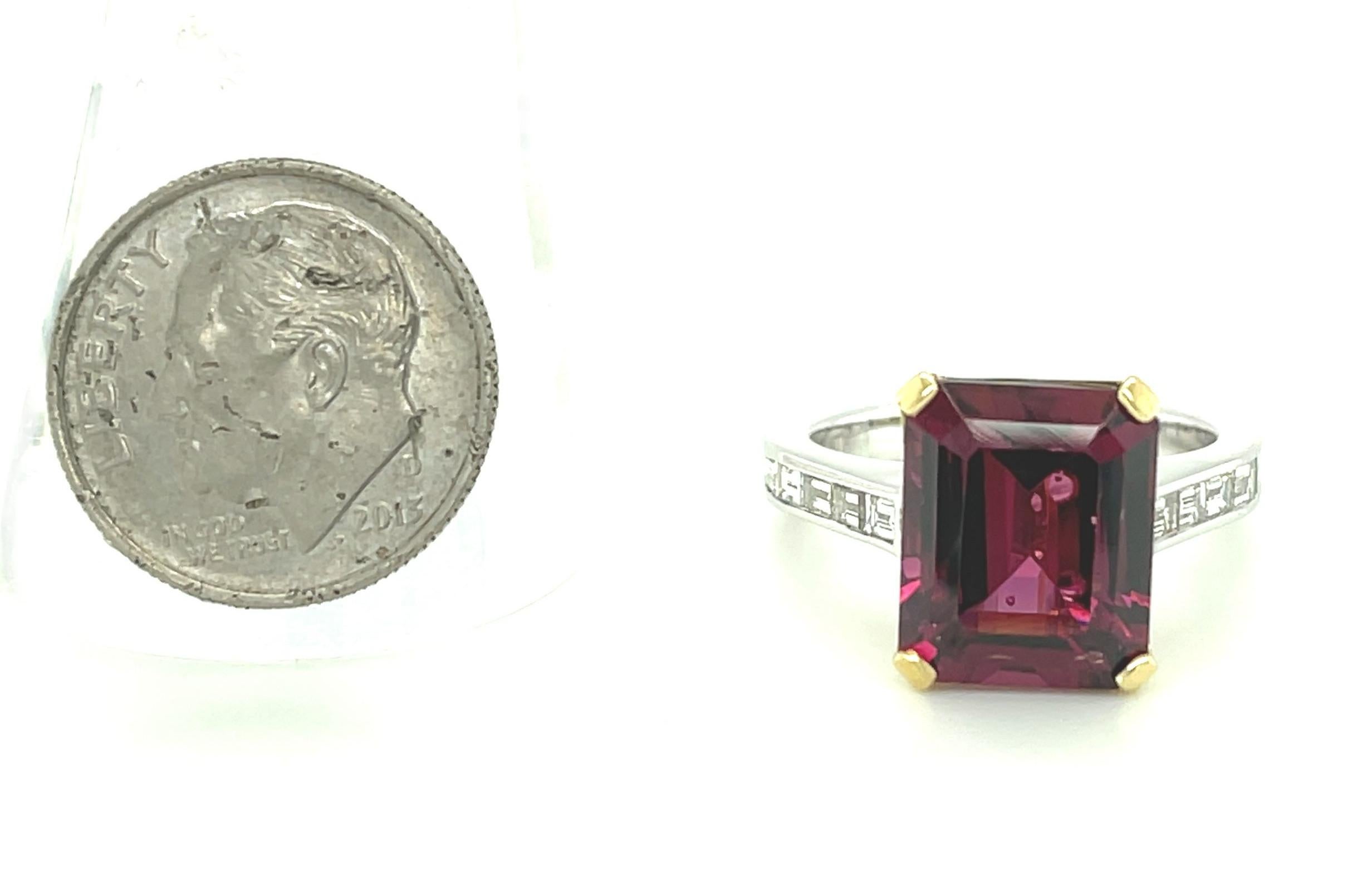 Emerald Cut 6.69 Carat Rhodolite Garnet and Diamond Baguette Engagement Ring in White Gold For Sale