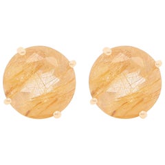 6.69 Carat Rutilated Quartz Round Stud Earrings 14 Karat Yellow Gold