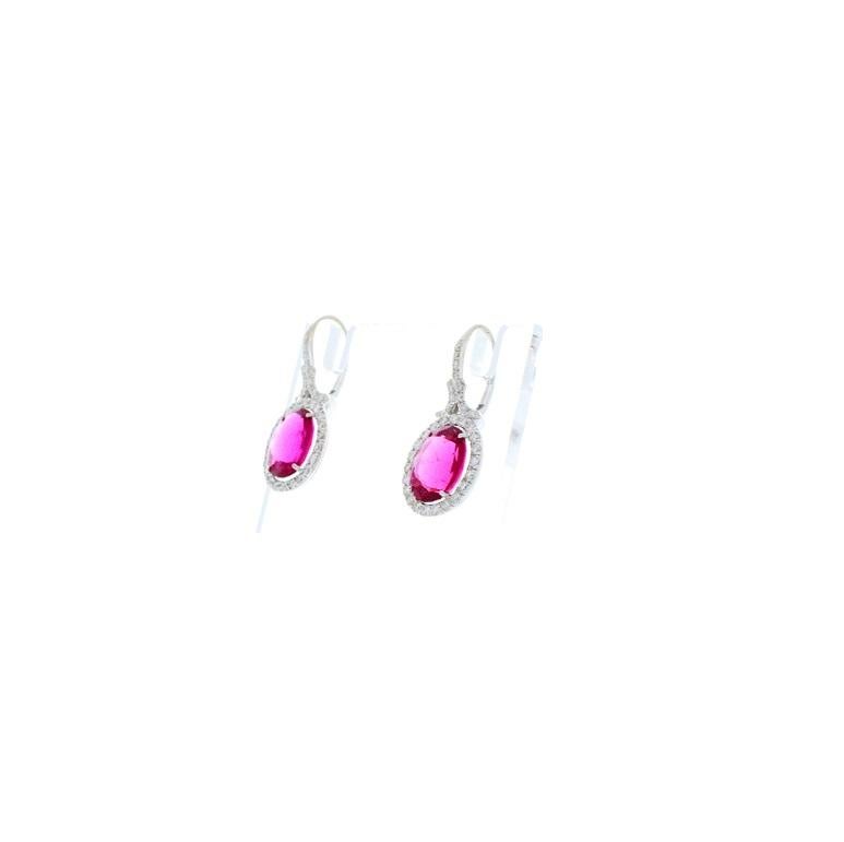 Contemporary 6.69 Carat Total Oval Rubellite and Diamond Earrings in 18 Karat White Gold