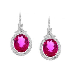 6.69 Carat Total Oval Rubellite and Diamond Earrings in 18 Karat White Gold