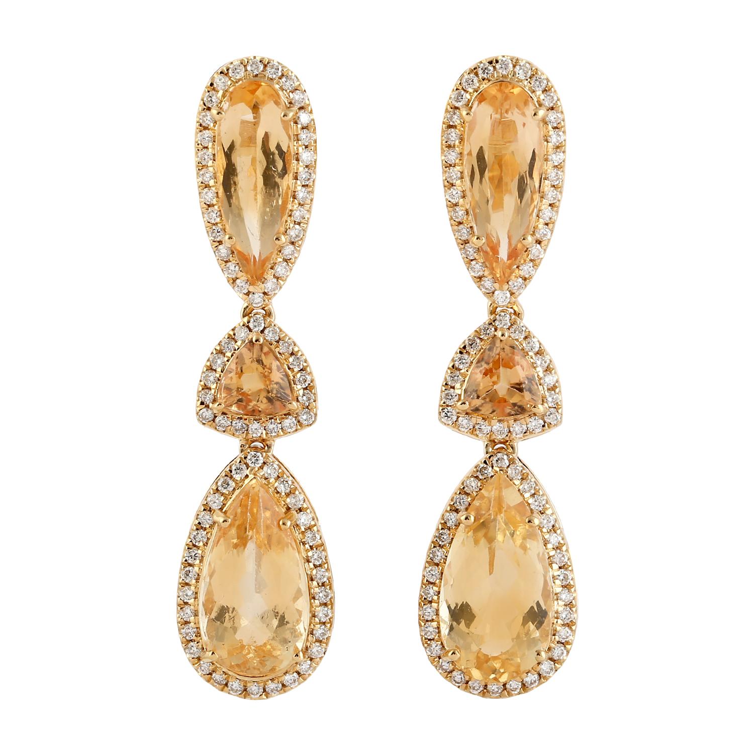 Mixed Cut 6.69 Carats Imperial Topaz Diamond 14 Karat Gold Tiered Drop Earrings For Sale