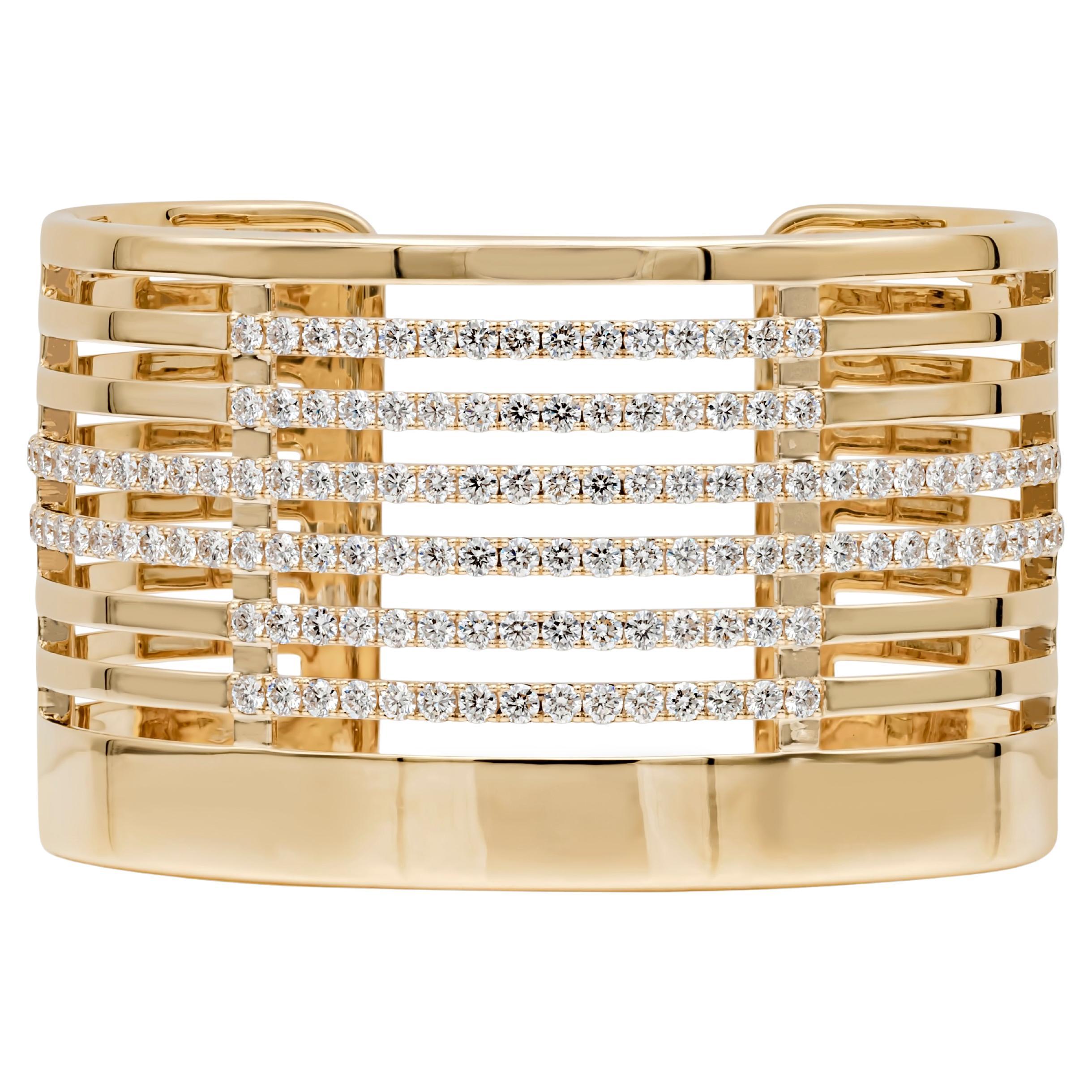 Roman Malakov 6.69 Carats Round Diamond Yellow Gold Large Cuff Bangle Bracelet For Sale