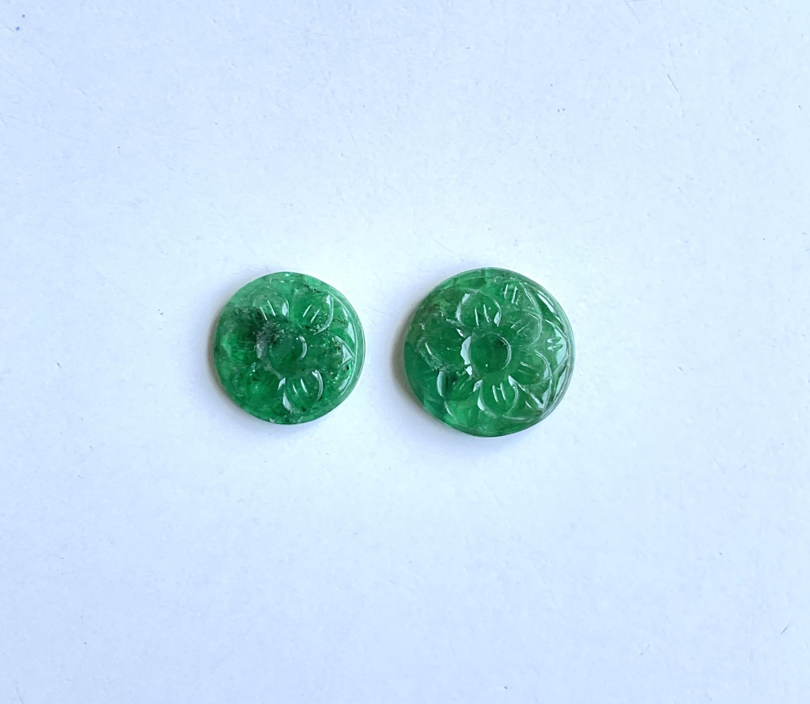 Art déco 6.69 Carats Zambian Emerald Round Carved 2 Pieces for Jewelry Set Natural Gem en vente