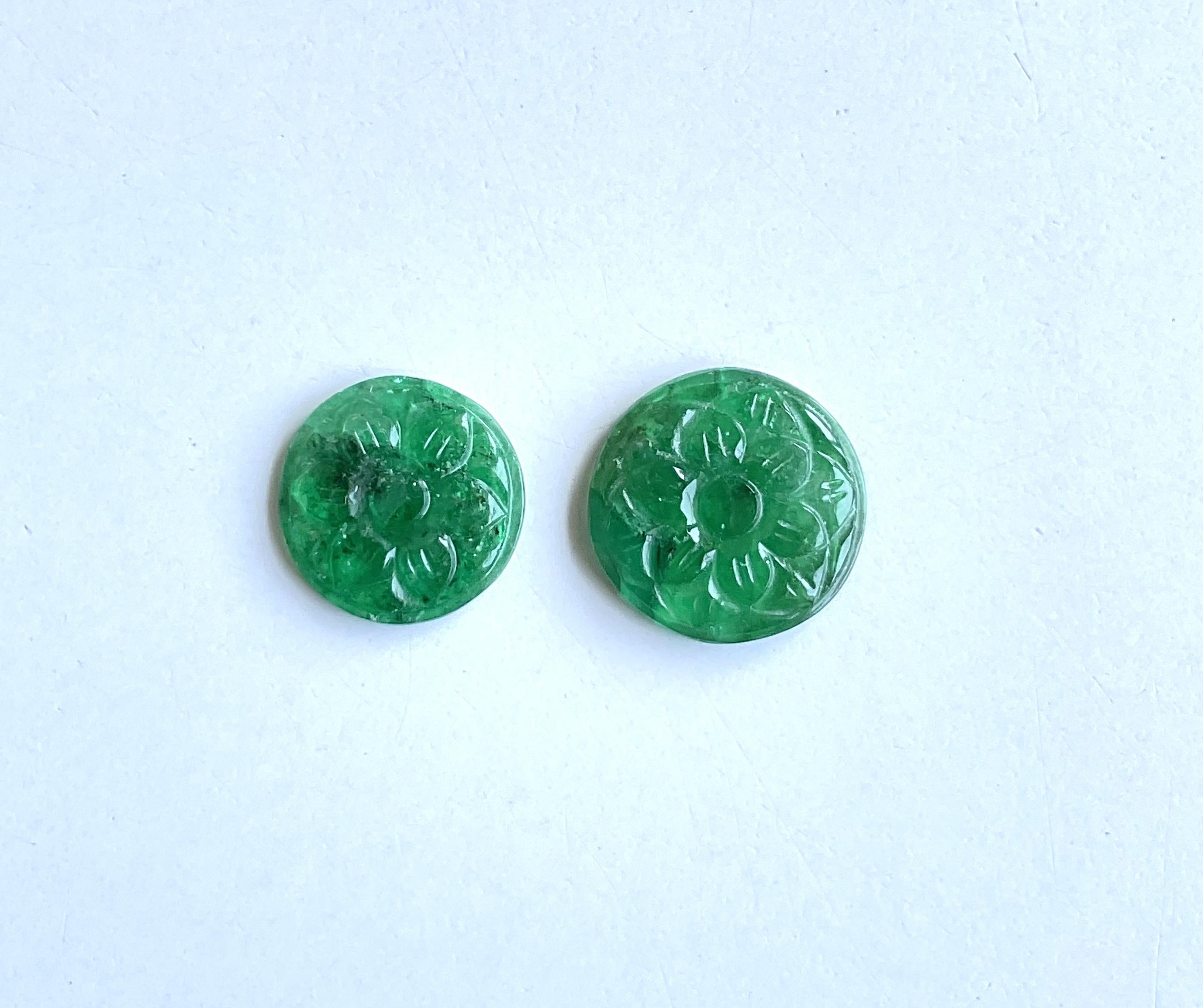 Taille ronde 6.69 Carats Zambian Emerald Round Carved 2 Pieces for Jewelry Set Natural Gem en vente