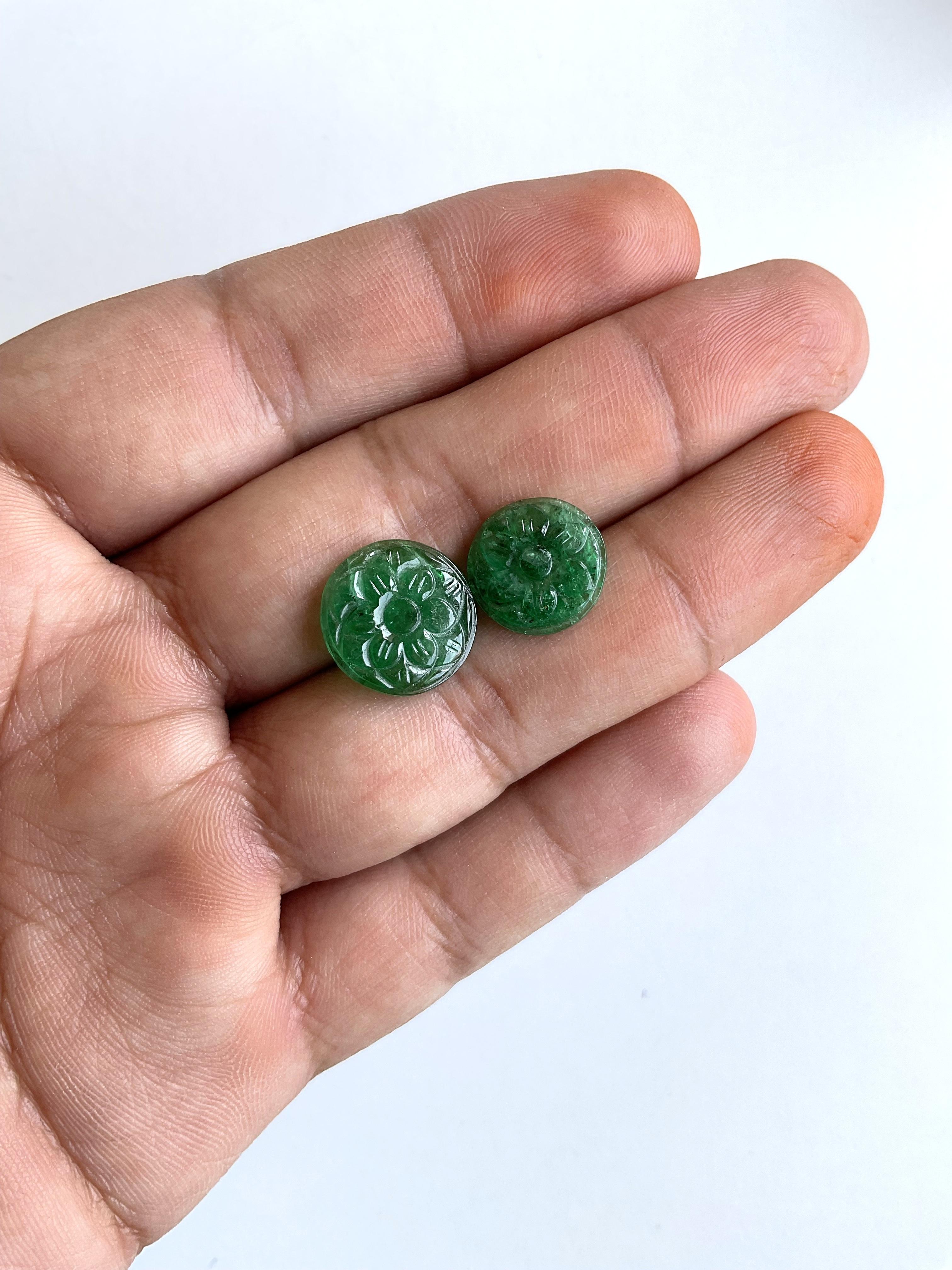6.69 Carats Zambian Emerald Round Carved 2 Pieces for Jewelry Set Natural Gem en vente 2