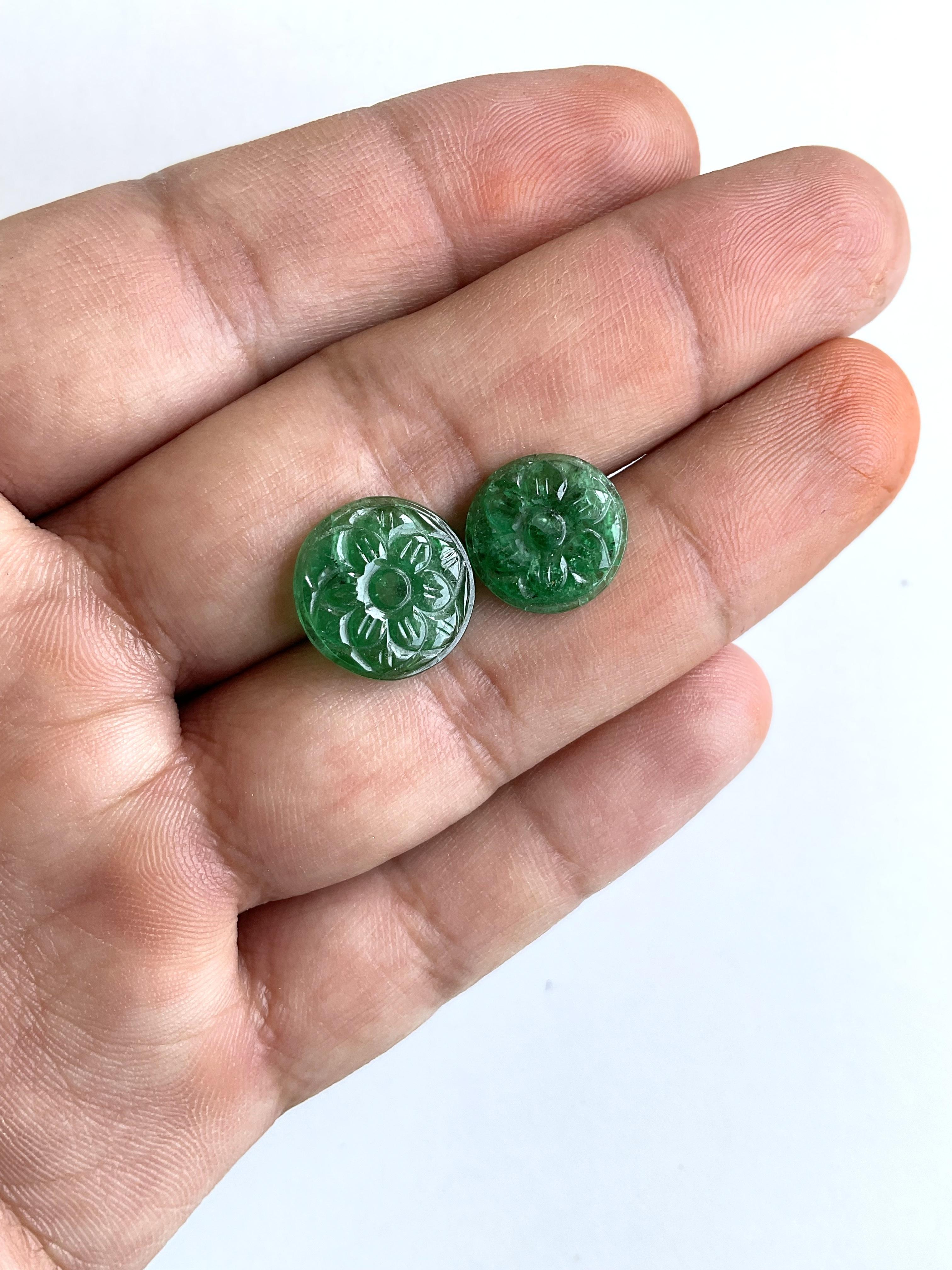 6.69 Carats Zambian Emerald Round Carved 2 Pieces for Jewelry Set Natural Gem en vente 3