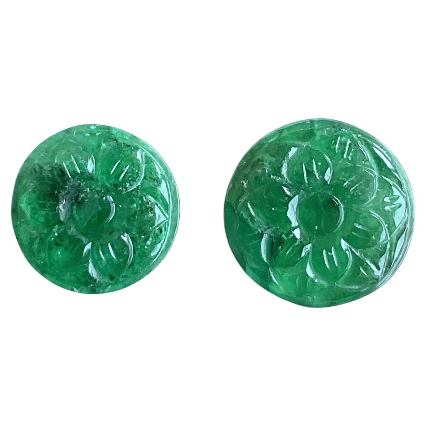 6.69 Carats Zambian Emerald Round Carved 2 Piece for Jewelry Set Natural Gem
