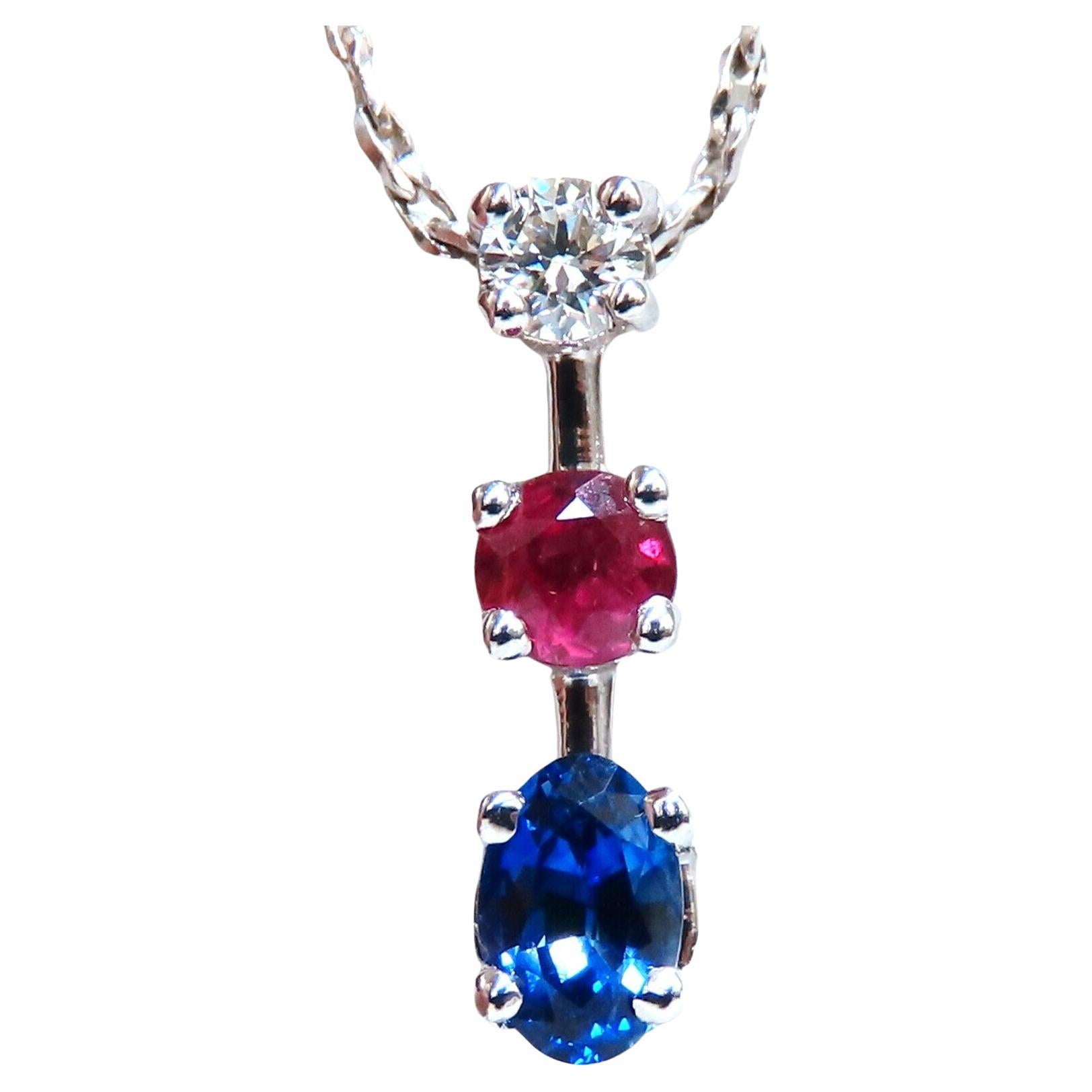 .66 Carat Natural Blue Sapphire Ruby Diamond Dangle Pendant 14 Karat For Sale