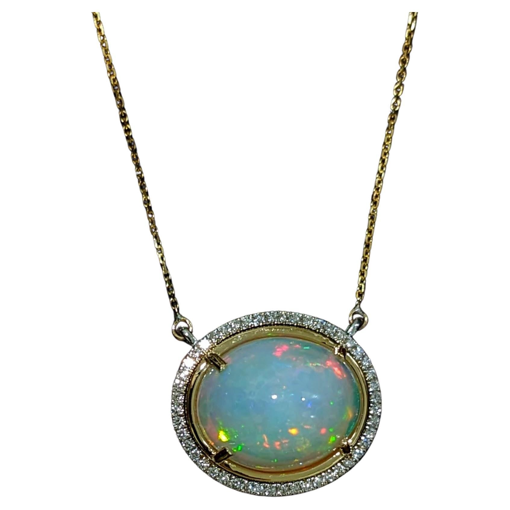 6.6ct Opal Pendant Necklace w Earth Mined Diamonds in Solid 14K Yellow Gold