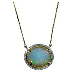 6.6ct Opal Pendant Necklace w Earth Mined Diamonds in Solid 14K Yellow Gold
