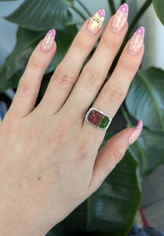 6.6cts Bi-Color Tourmaline Ring with Natural Diamonds Accents: Solid 14K Gold