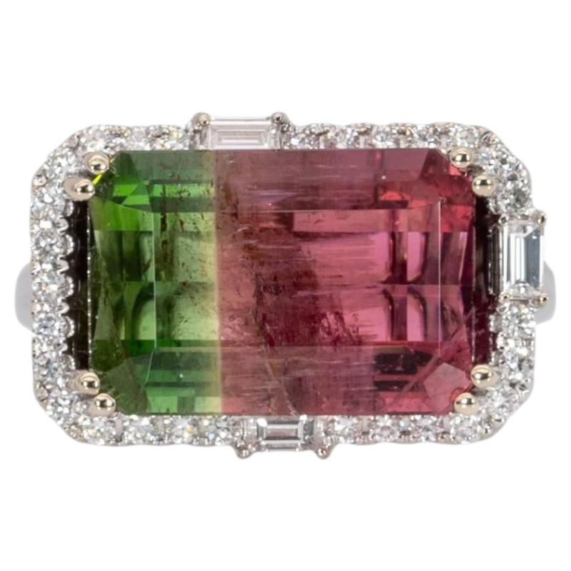 6.6cts Bi-Color Tourmaline Ring with Natural Diamonds Accents: Solid 14K Gold