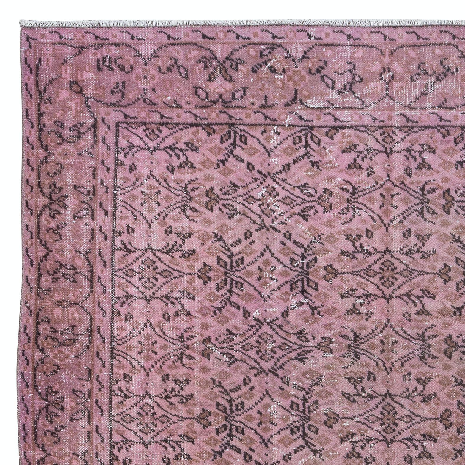 Hand-Knotted 6.6x10 Ft Handmade Floral Pattern Floor Area Rug in Pink, Modern Turkish Carpet For Sale