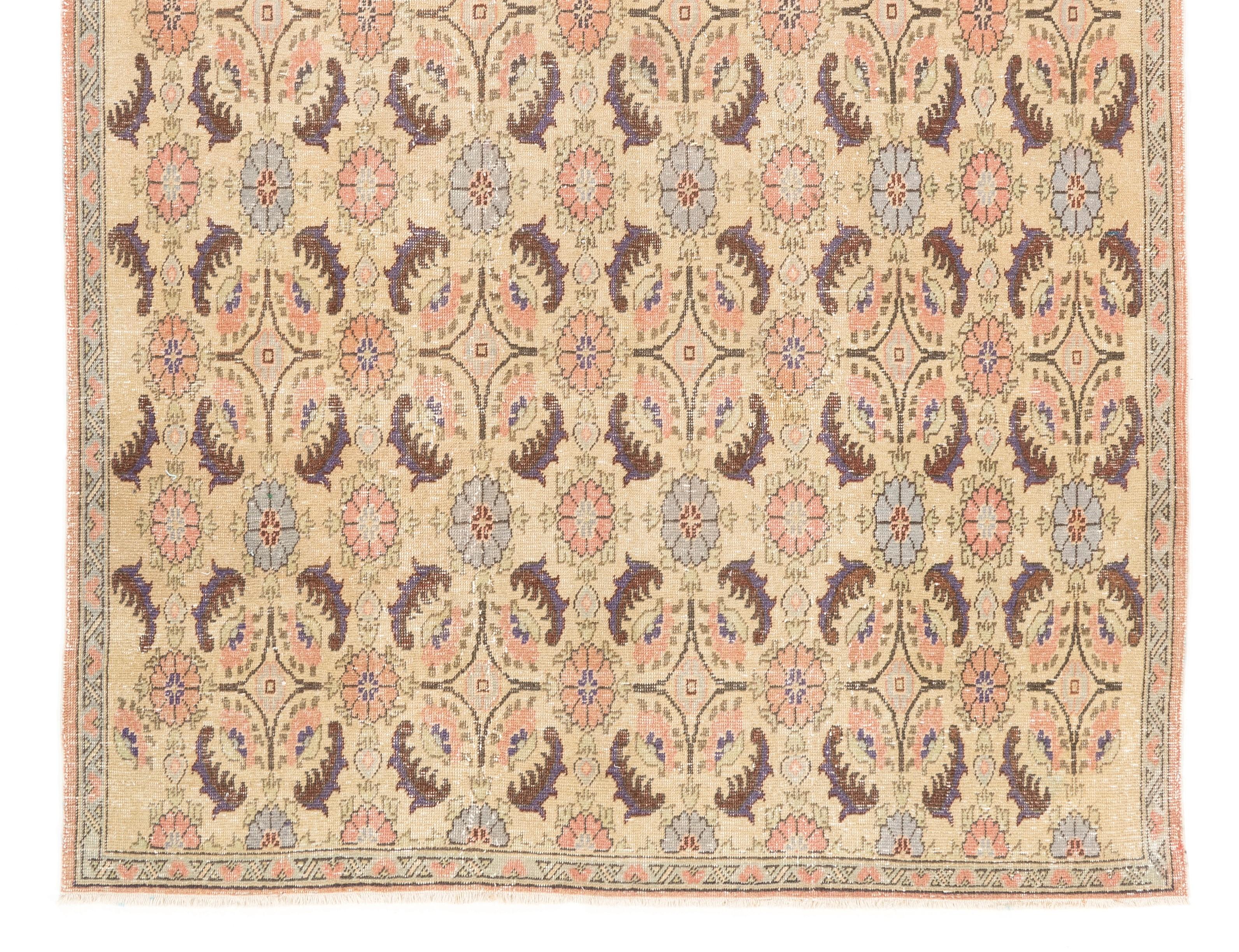 Turkish 6.4x10 Ft Mid Century Hand-knotted Anatolian Floral Art Deco Wool Area Rug For Sale