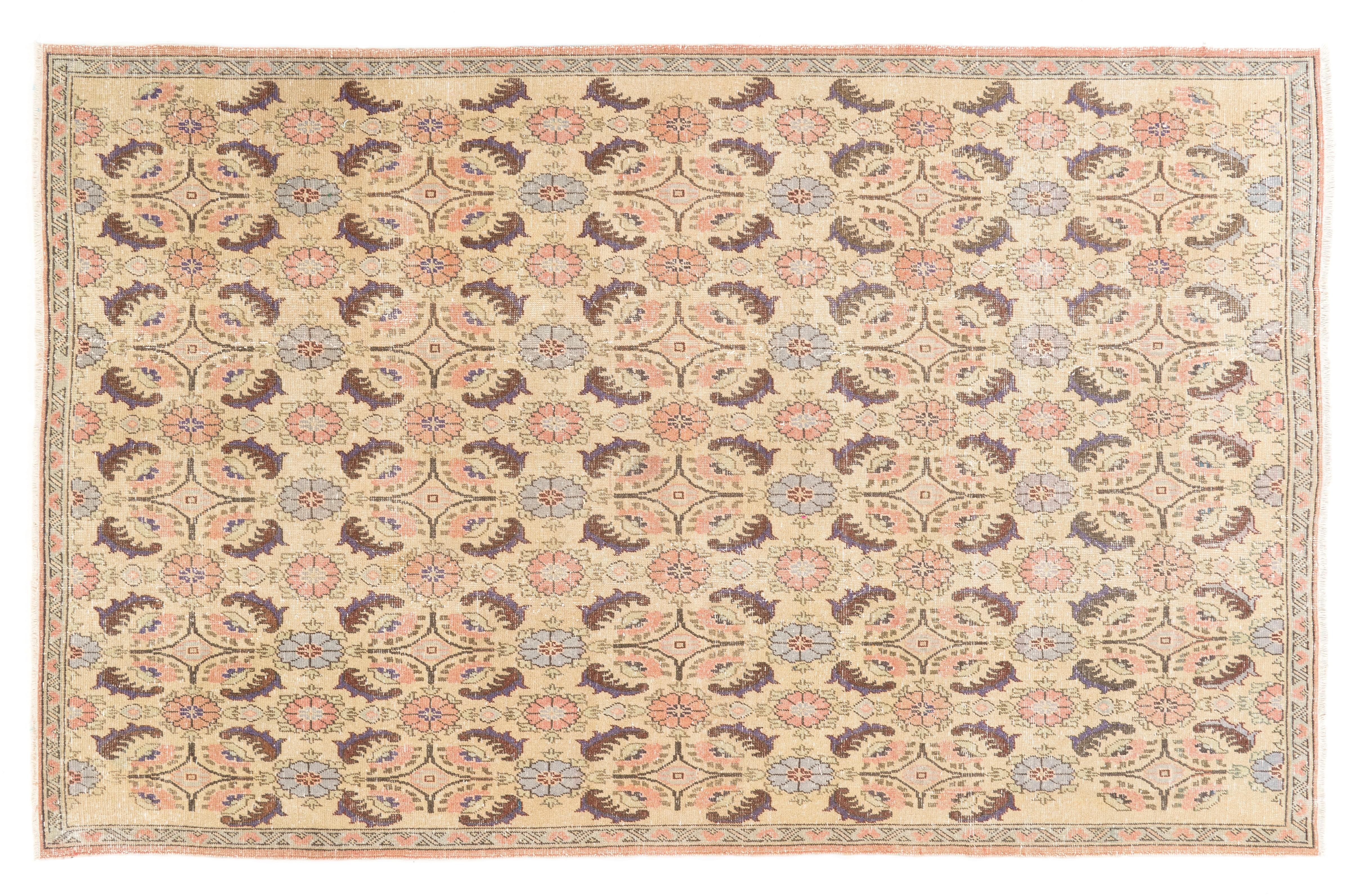 6.4x10 Ft Mid Century Hand-knotted Anatolian Floral Art Deco Wool Area Rug In Good Condition For Sale In Philadelphia, PA