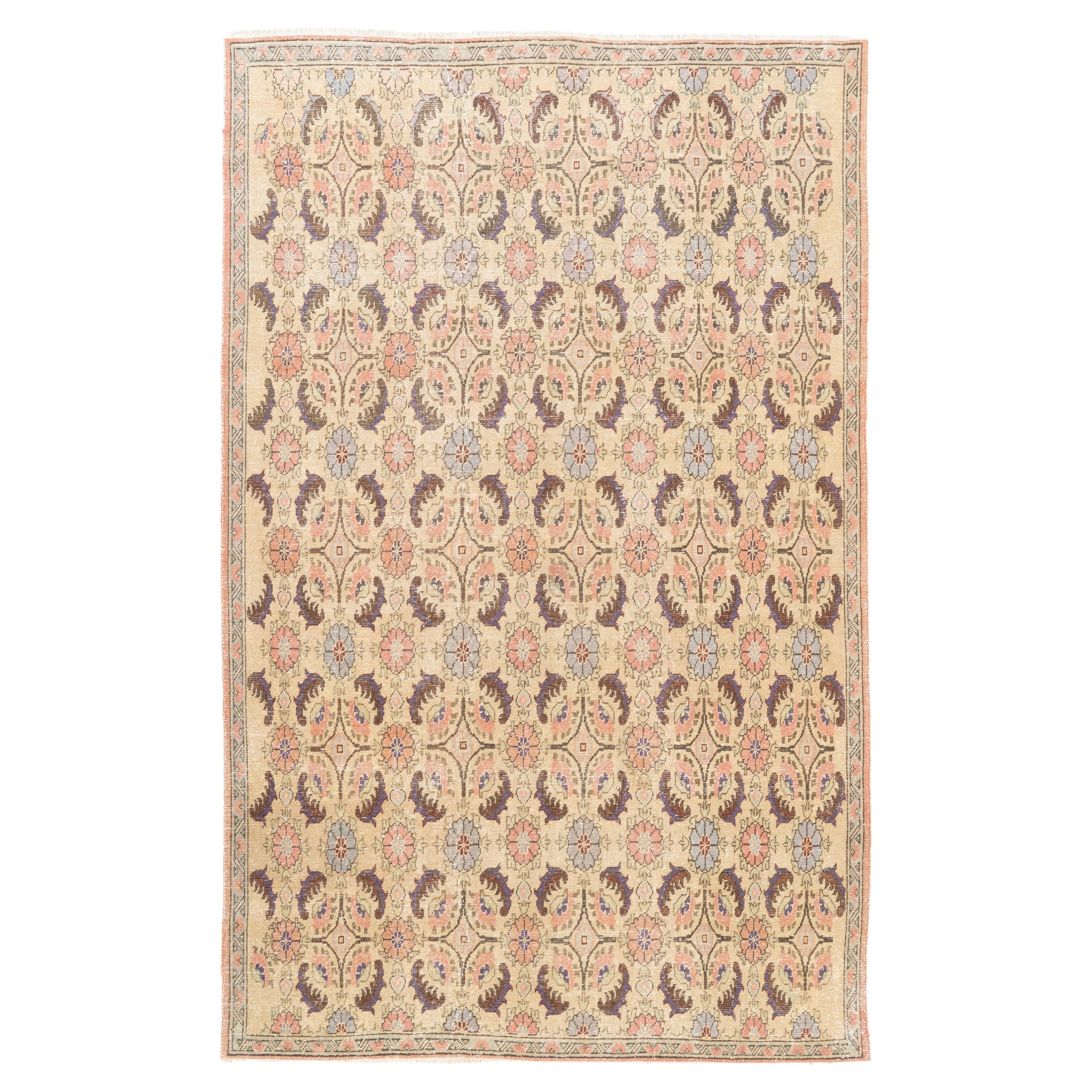 6.4x10 Ft Mid-Century Hand-knotted Anatolian Floral Art Deco Wool Area Rug