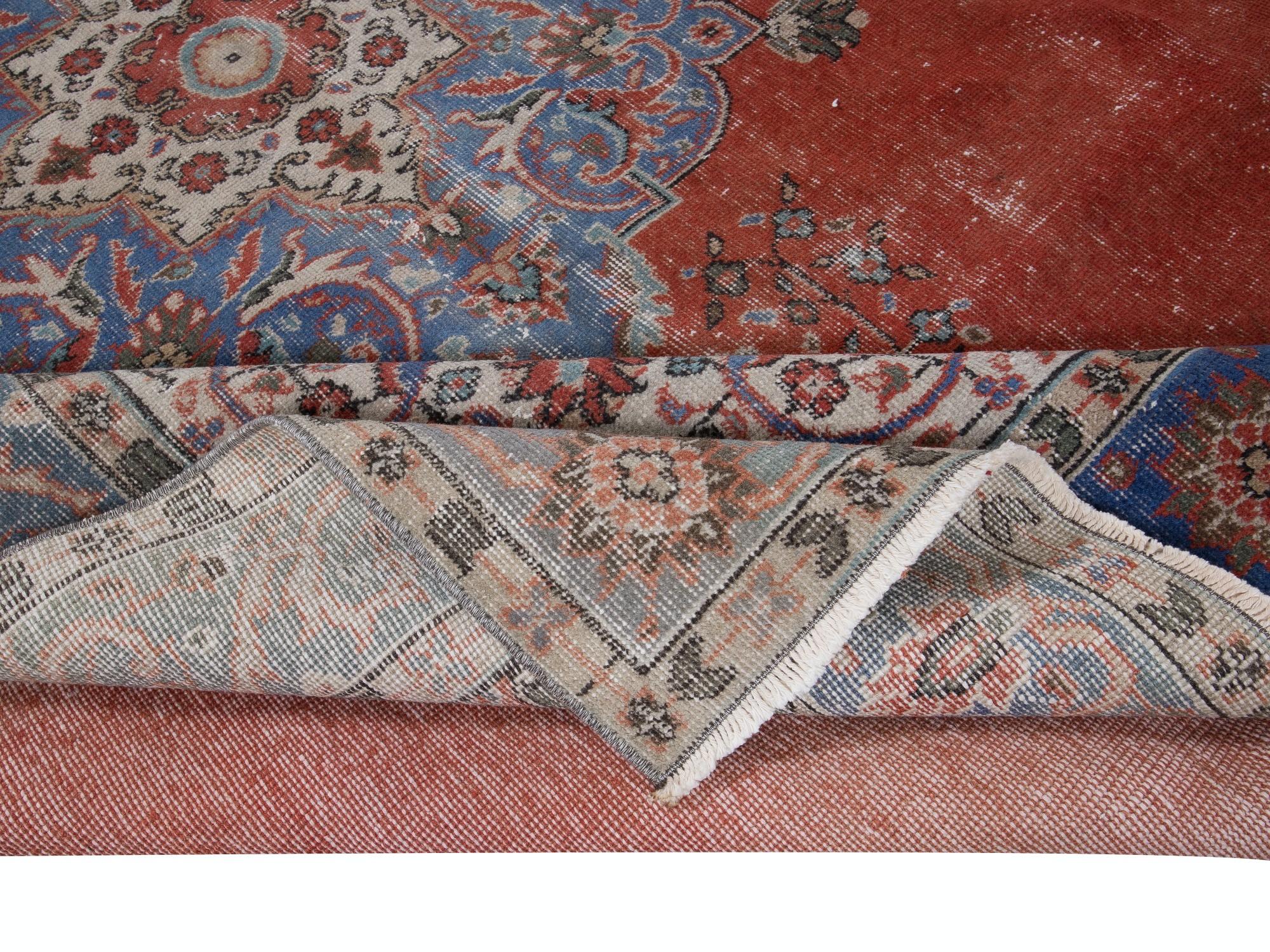 Tribal 6.6x10 Ft One-of-a-kind Vintage Handmade Turkish Rug in Red, Navy Blue & Beige For Sale