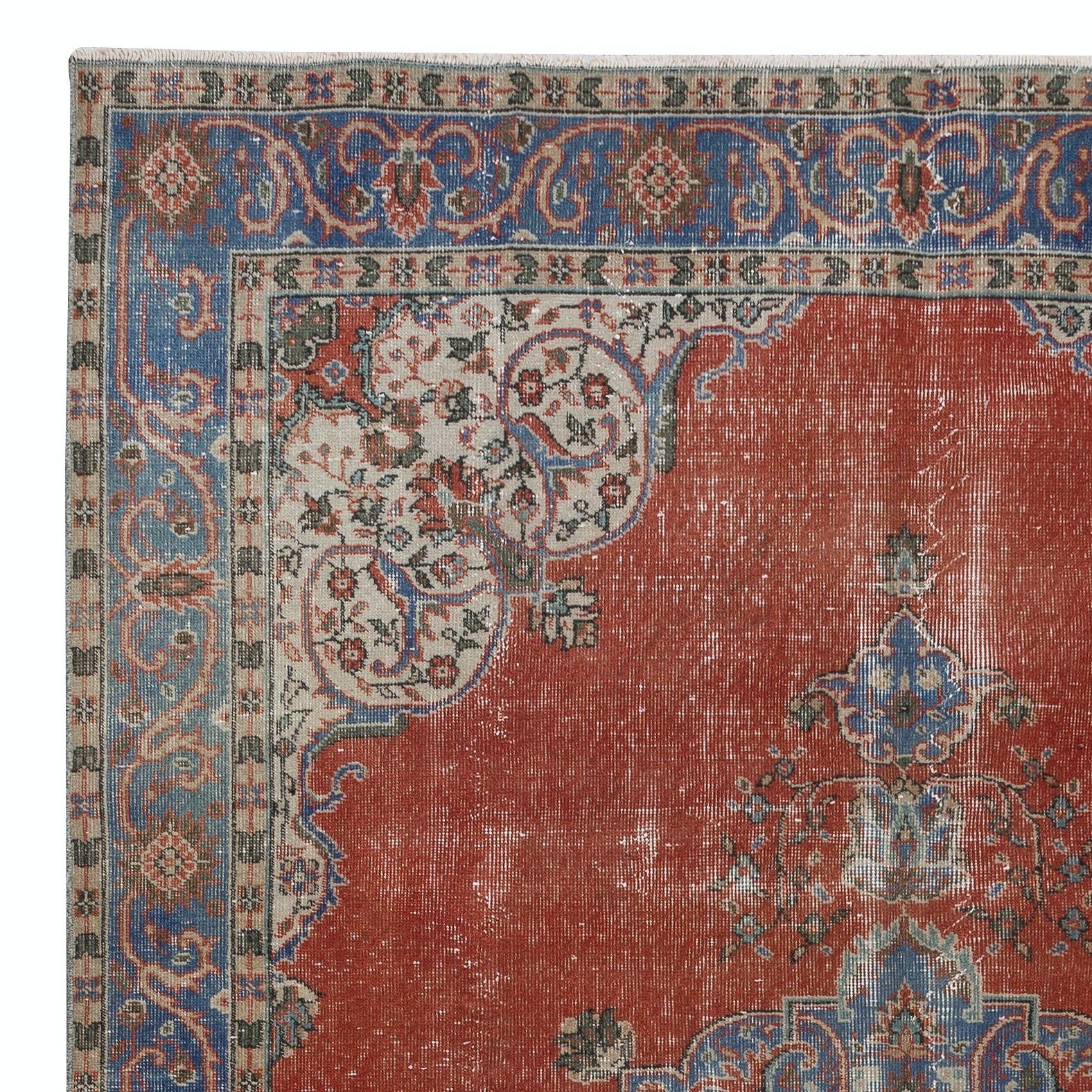 Hand-Knotted 6.6x10 Ft One-of-a-kind Vintage Handmade Turkish Rug in Red, Navy Blue & Beige For Sale
