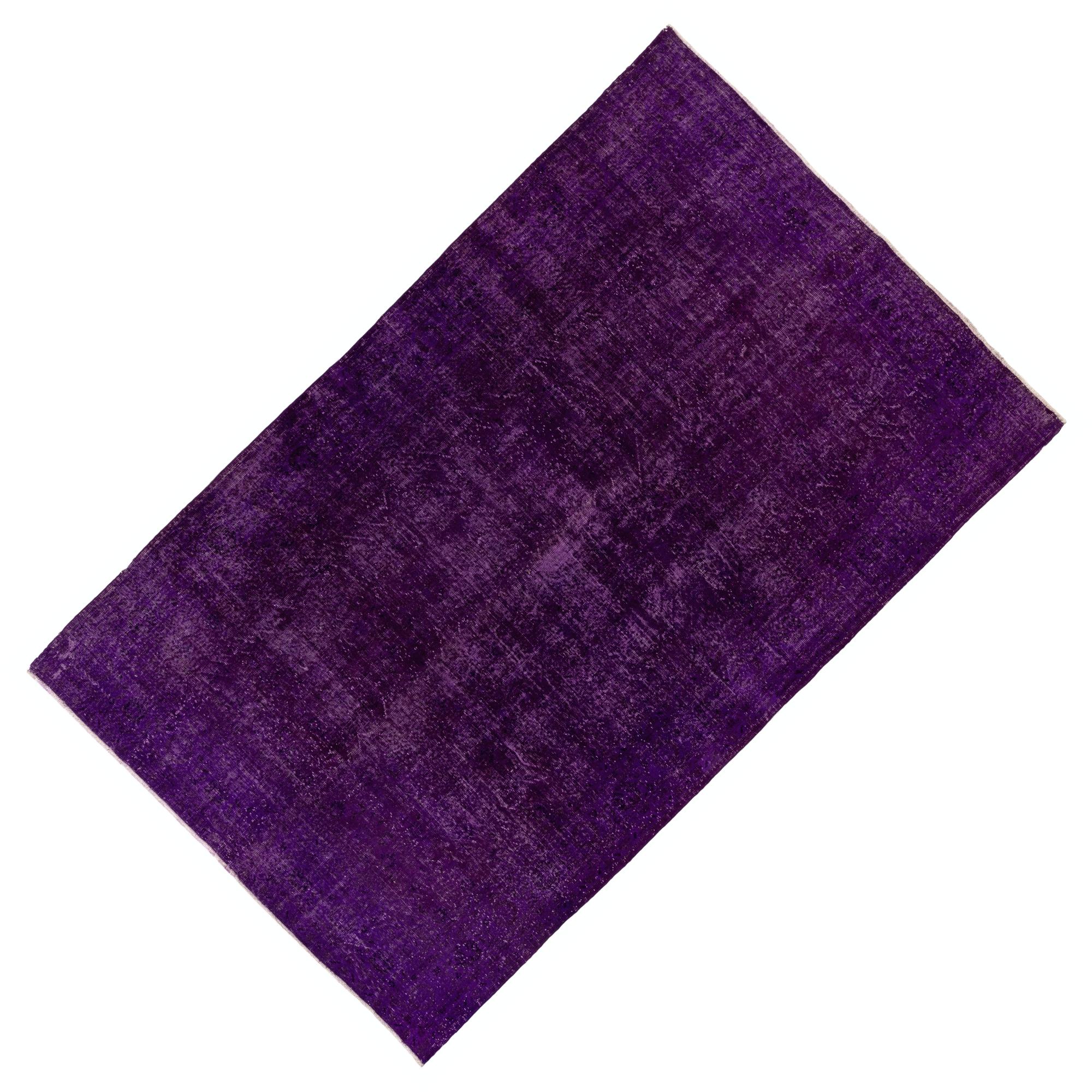 Hand-Woven 6.6x10 Ft Solid Purple Color Over-Dyed Vintage Handmade Rug, Wool Turkish Carpet