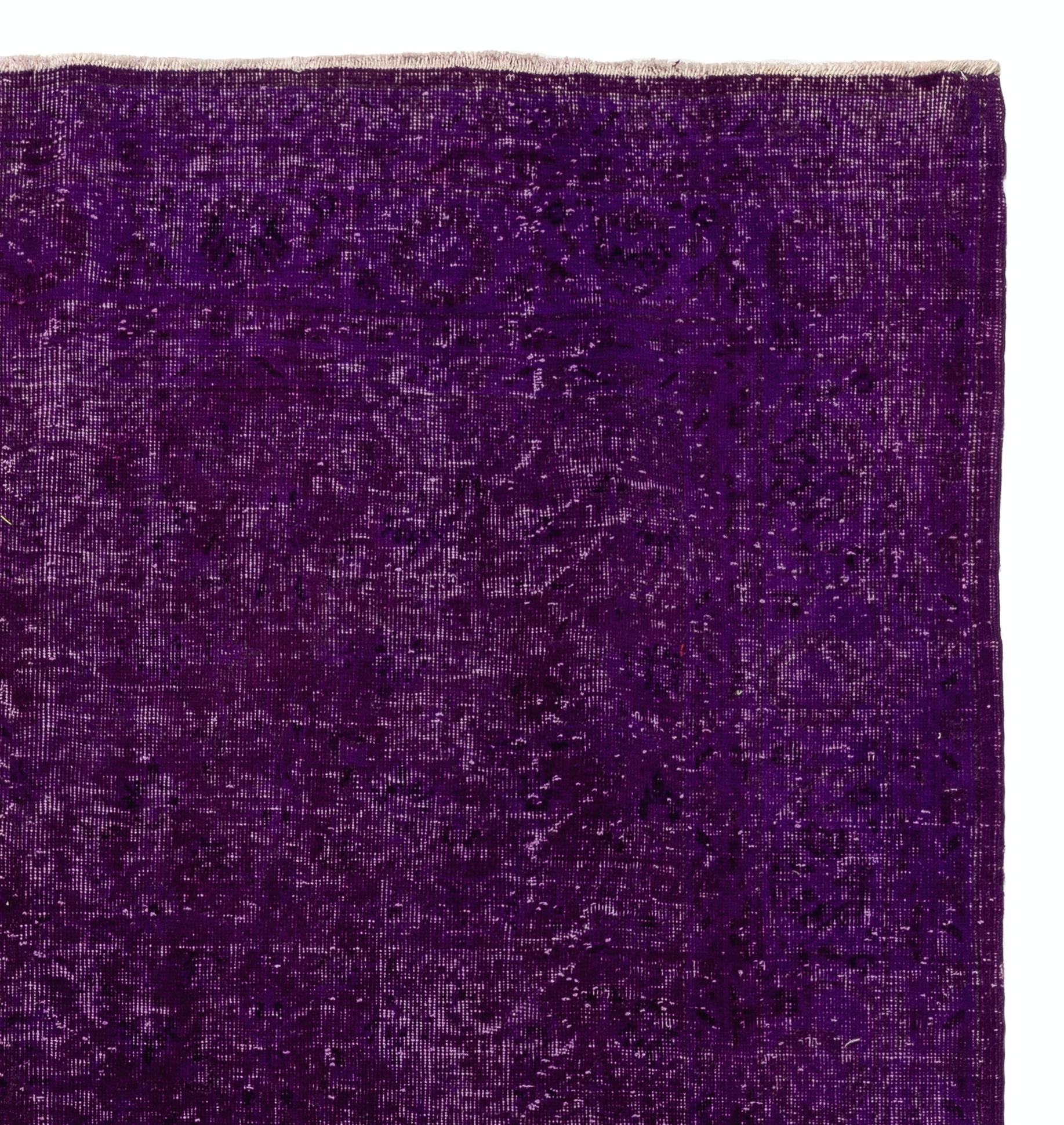 Mid-20th Century 6.6x10 Ft Solid Purple Color Over-Dyed Vintage Handmade Rug, Wool Turkish Carpet