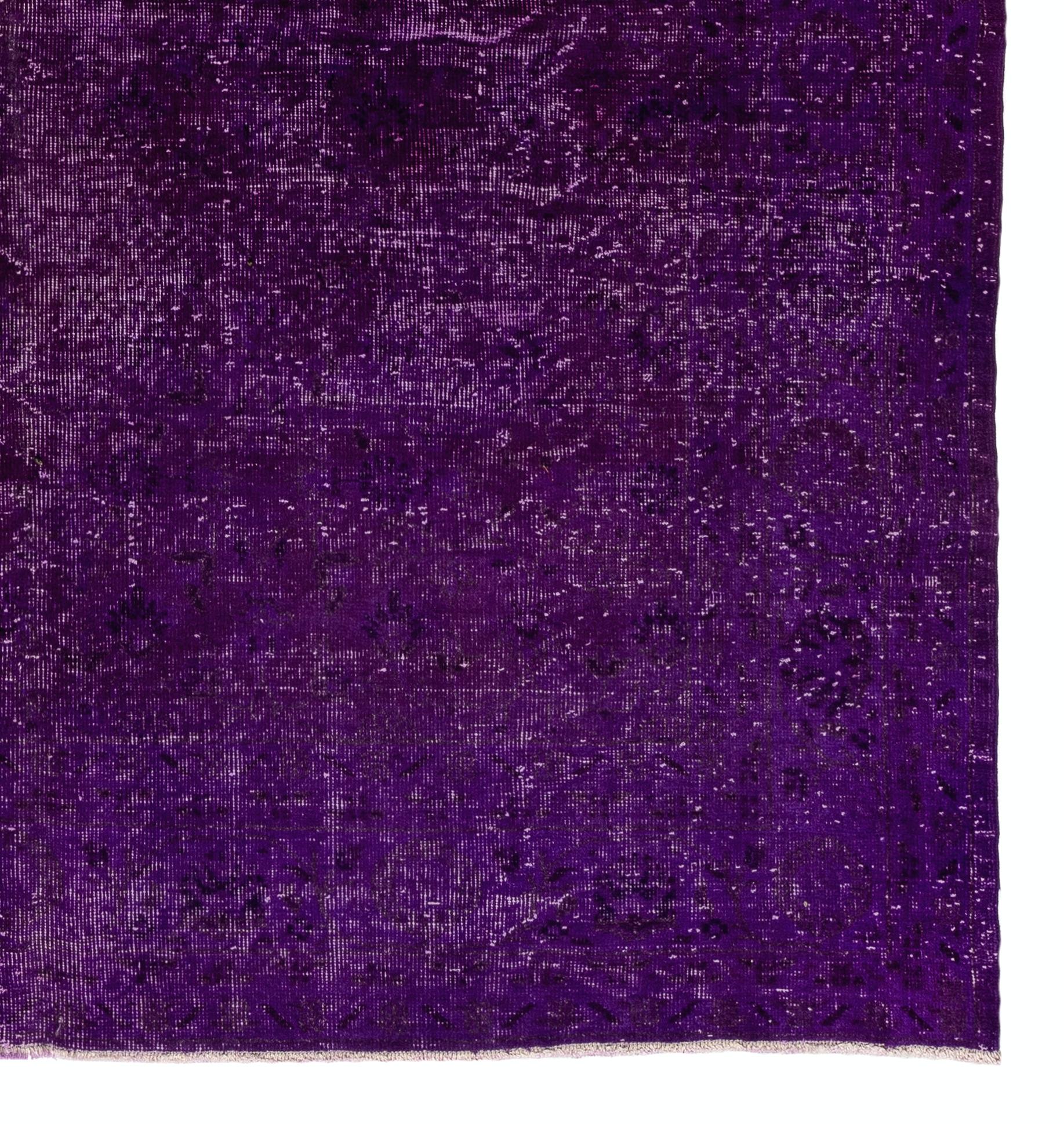 Modern 6.6x10 Ft Solid Purple Color Over-Dyed Vintage Handmade Rug, Wool Turkish Carpet