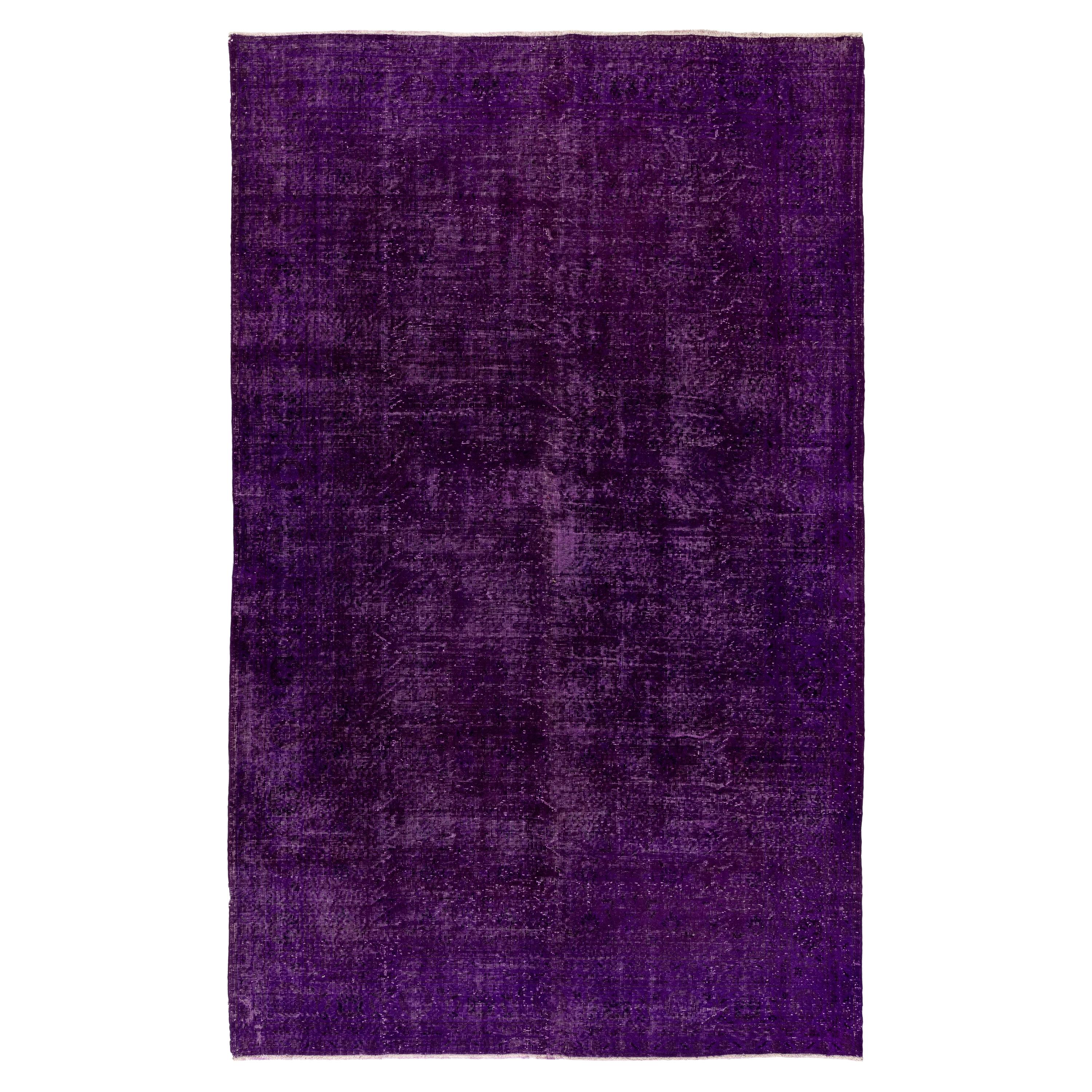 6.6x10 Ft Solid Purple Color Over-Dyed Vintage Handmade Rug, Wool Turkish Carpet