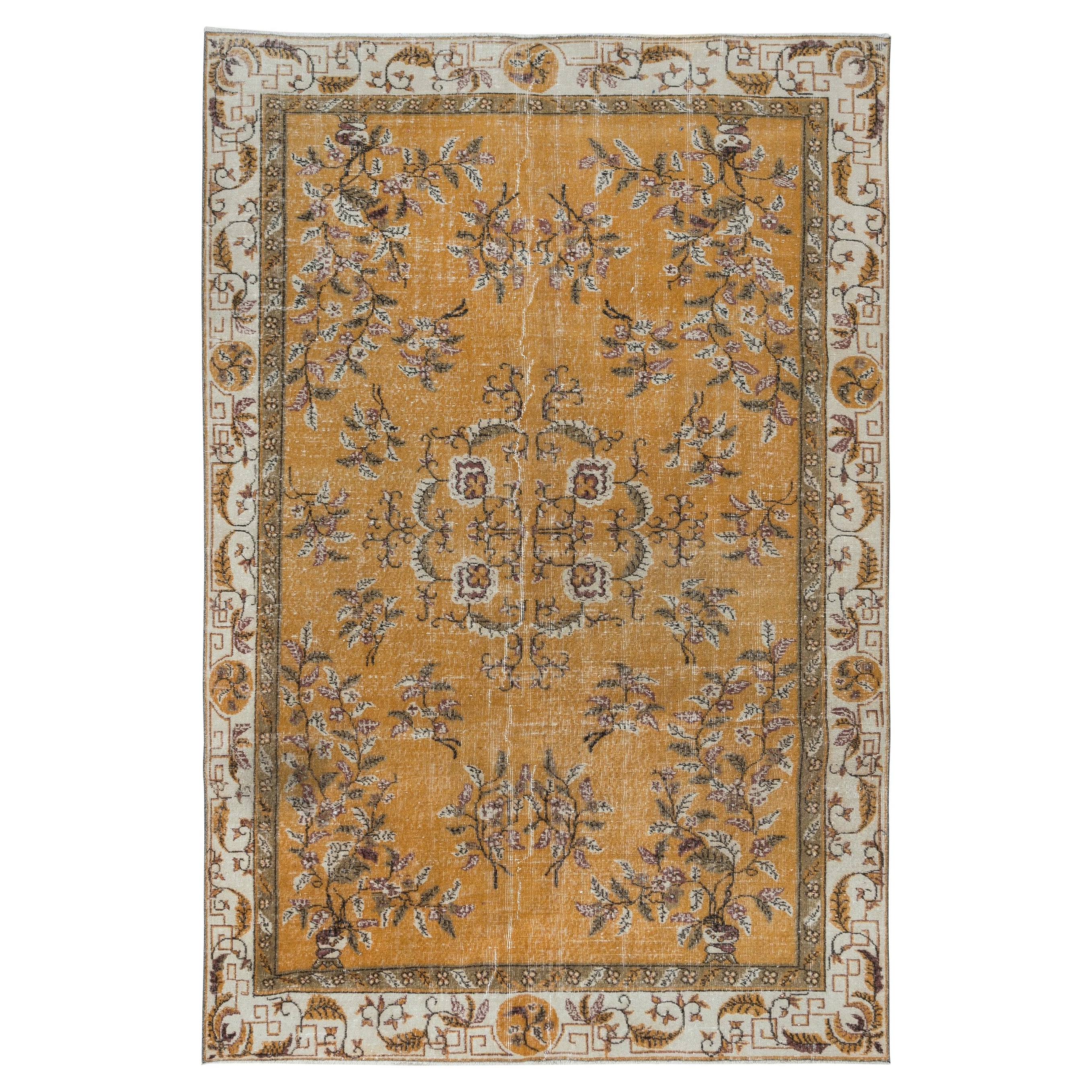 Tappeto in lana fatto a mano in stile Art Deco cinese, arancione e beige, unico nel suo genere in vendita