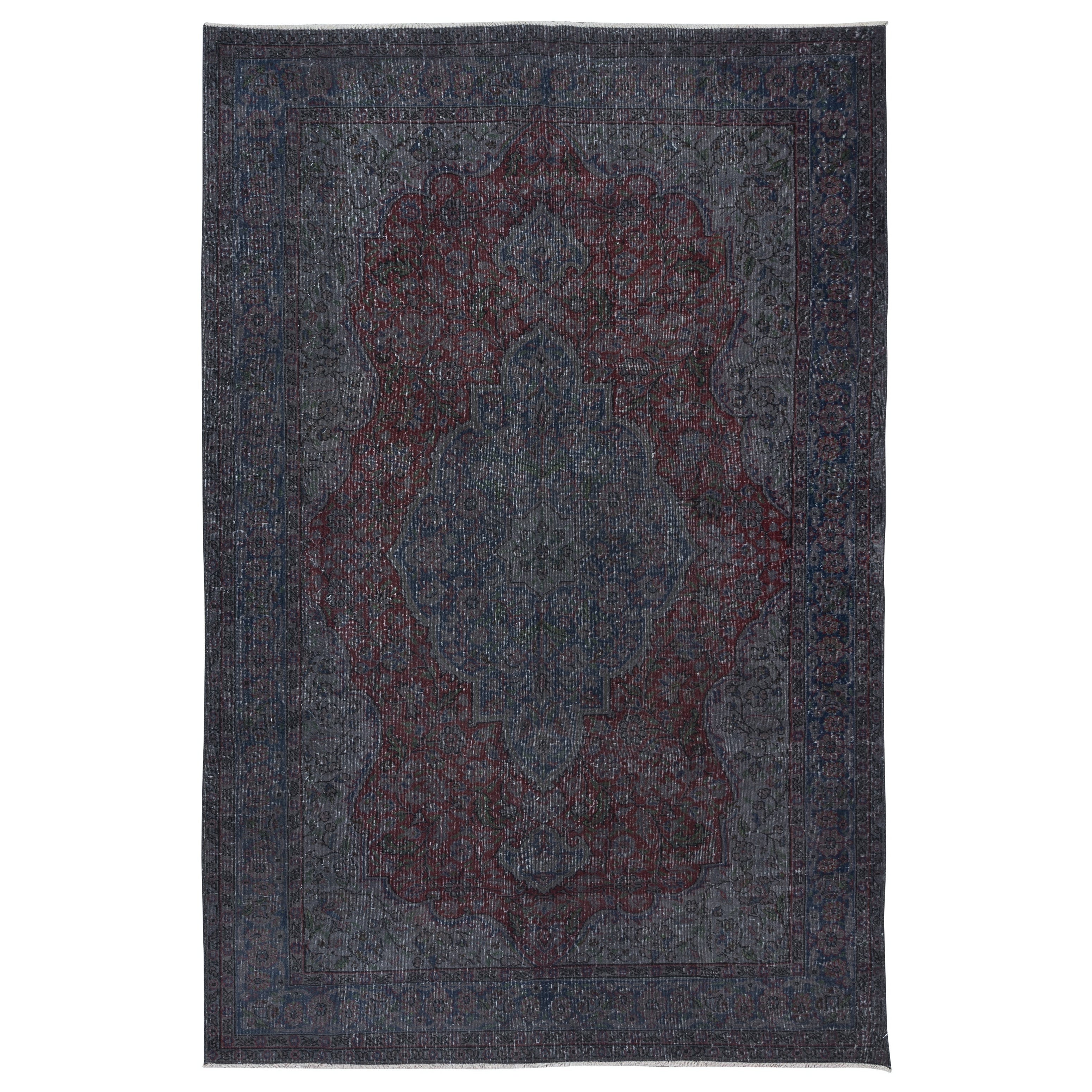6.6x10 Ft Vintage Handmade Turkish Area Rug in Grau, Burgunderrot und Dunkelblau
