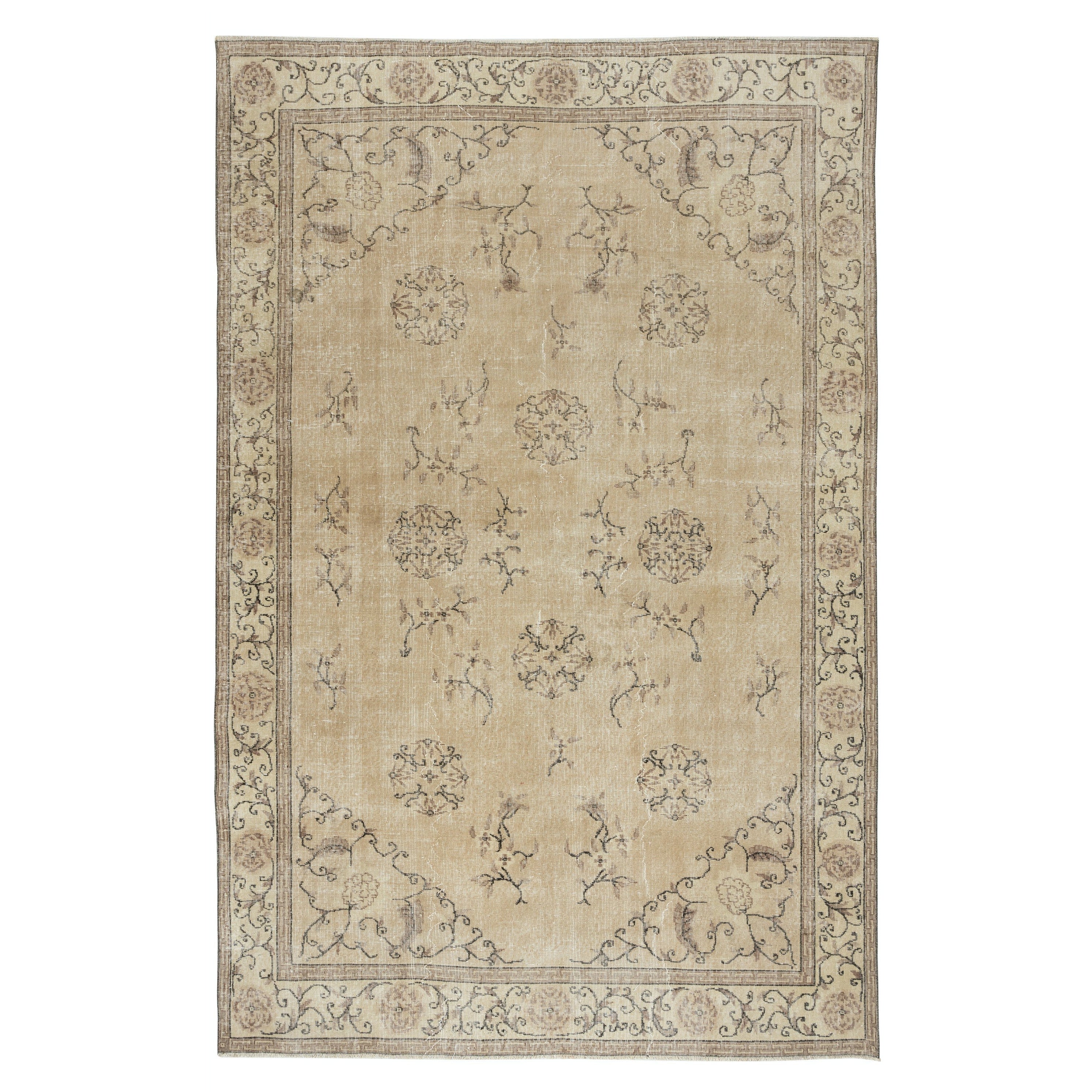 6.6x10 Ft Vintage Türkisch Beige Teppich. Handgeknüpfter Teppich mit chinesischem Art Deco