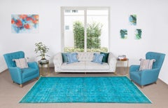 Alfombra turca hecha a mano de 1,8 x 1,8 m, teñida en azul turquesa para interiores modernos