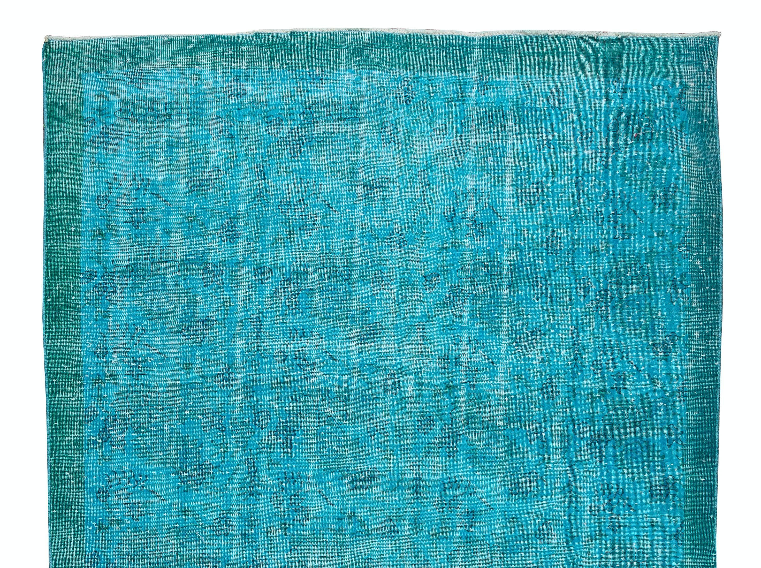 6.6x10.3 Ft Handmade Vintage Turkish Rug Redyed in Teal Blue for Modern Interior In Good Condition For Sale In Philadelphia, PA