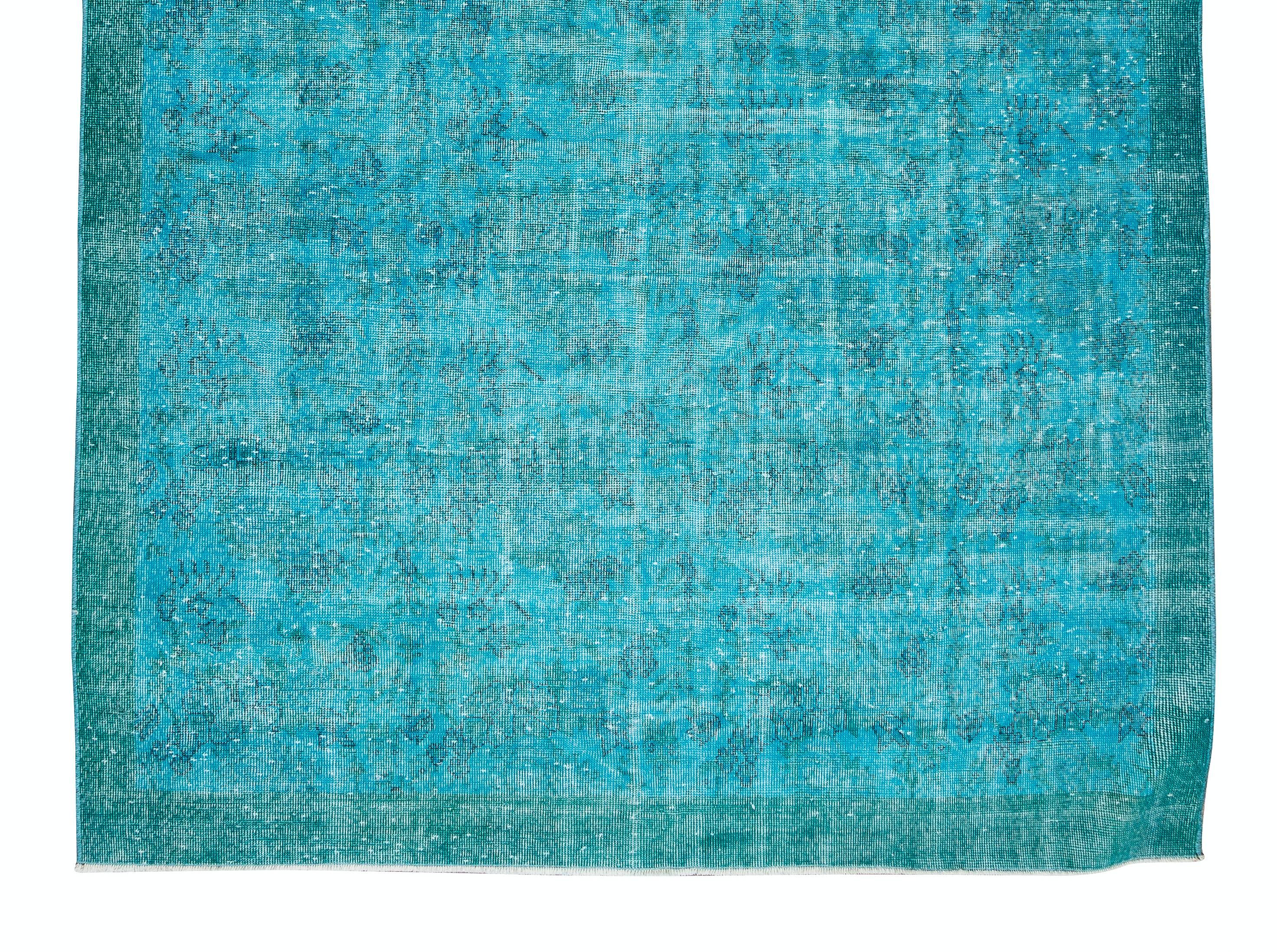 20th Century 6.6x10.3 Ft Handmade Vintage Turkish Rug Redyed in Teal Blue for Modern Interior For Sale
