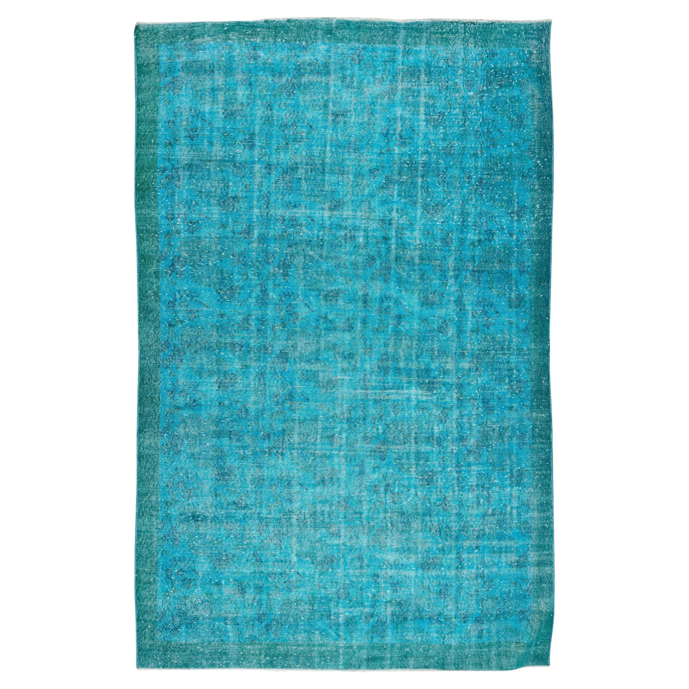 6.6x10.3 Ft Handmade Vintage Turkish Rug Redyed in Teal Blue for Modern Interior