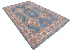 6.6x10.4 ft Hand Knotted Light Blue, Ivory & Blush Rug. Diamond Geometric Design