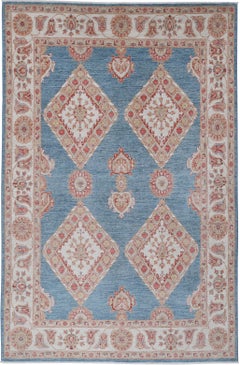 6.6x10.4 ft Hand Knotted Light Blue, Ivory & Blush Rug. Diamond Geometric Design