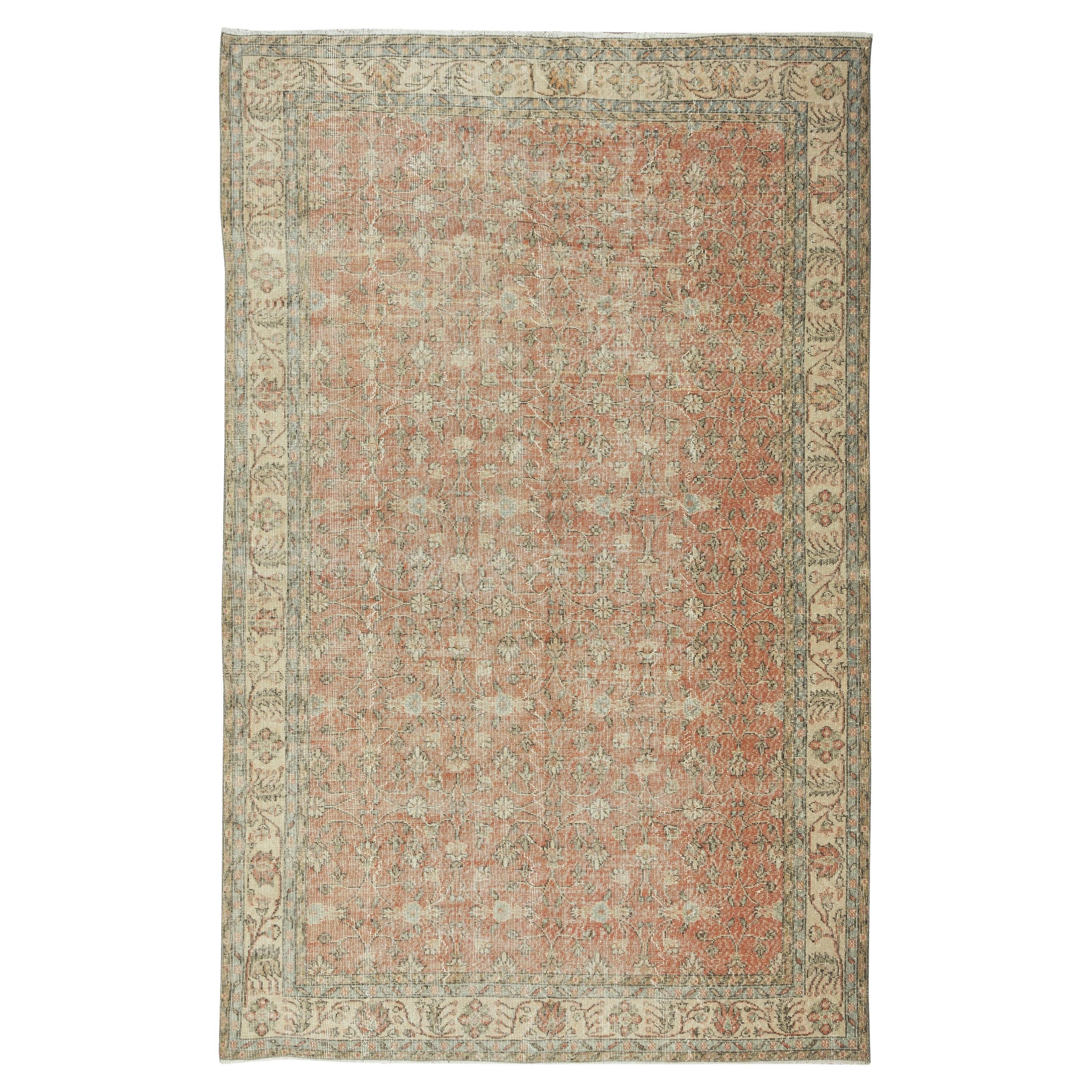 6.6x10.5 Ft Hand Knotted Floral Vintage Turkish Area Rug, Wool and Cotton Carpet For Sale