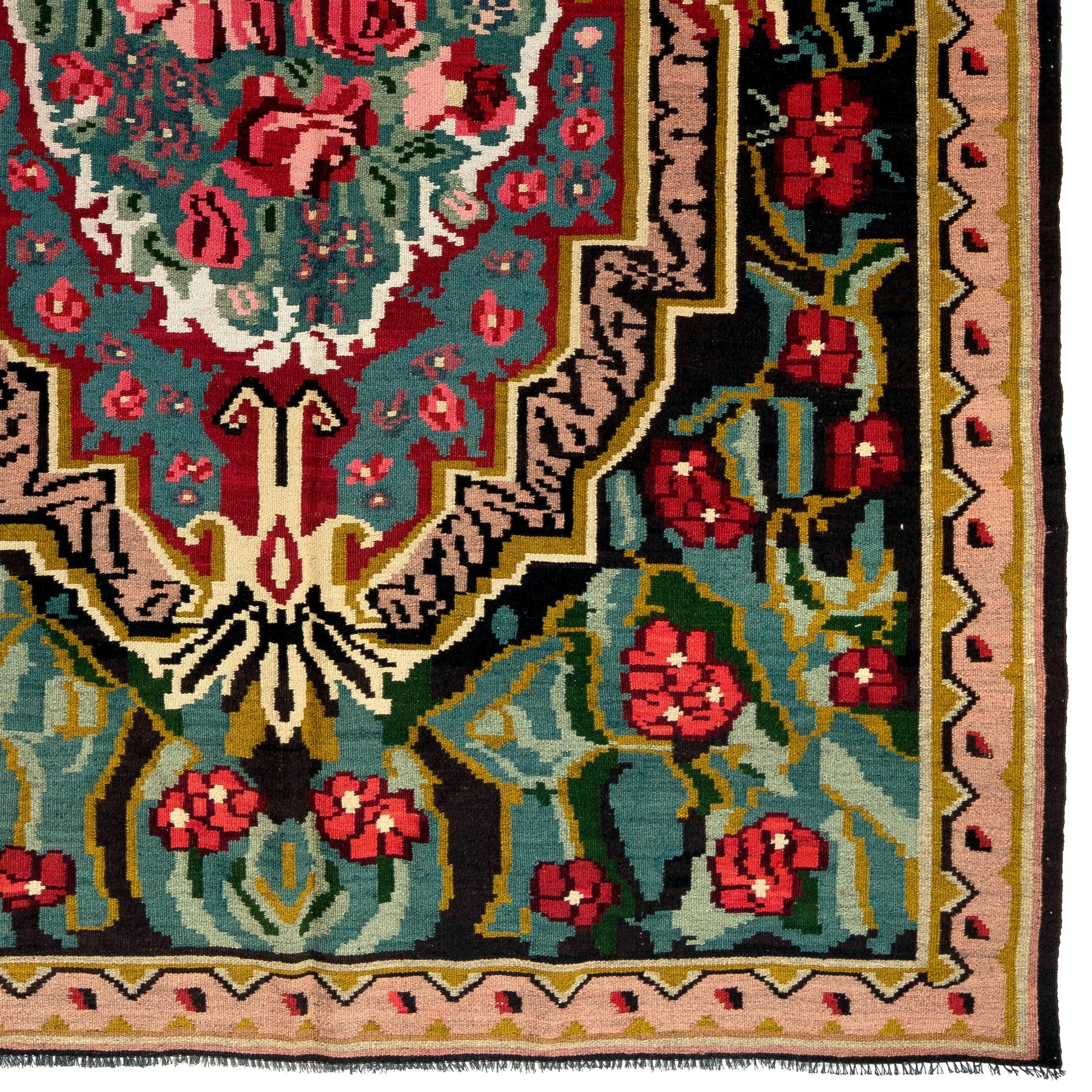Bohemian 6.6x10.5 Ft Vintage Bessarabian Kilim, Handmade Wool Rug, Floral Wall Hanging For Sale