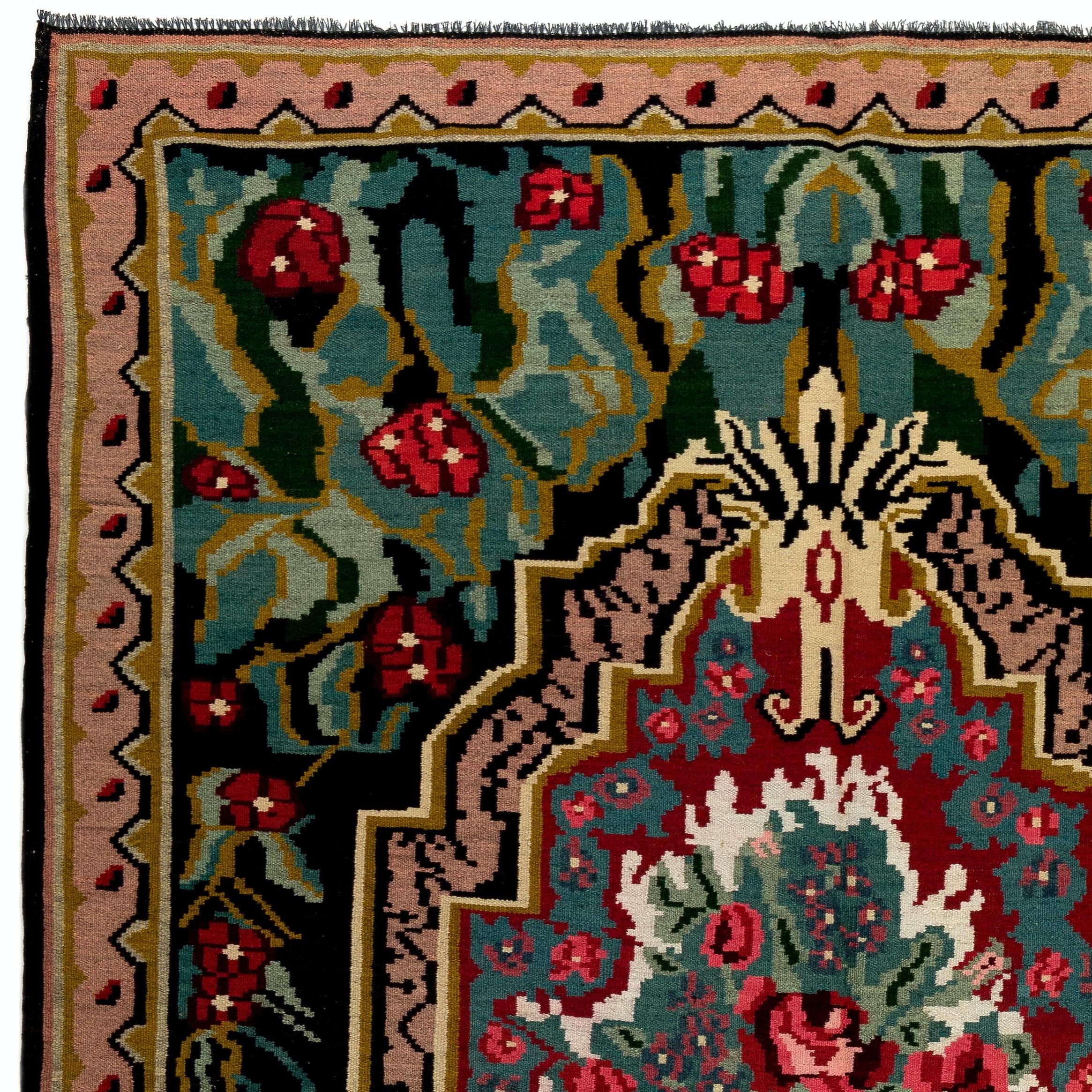 Moldovan 6.6x10.5 Ft Vintage Bessarabian Kilim, Handmade Wool Rug, Floral Wall Hanging For Sale