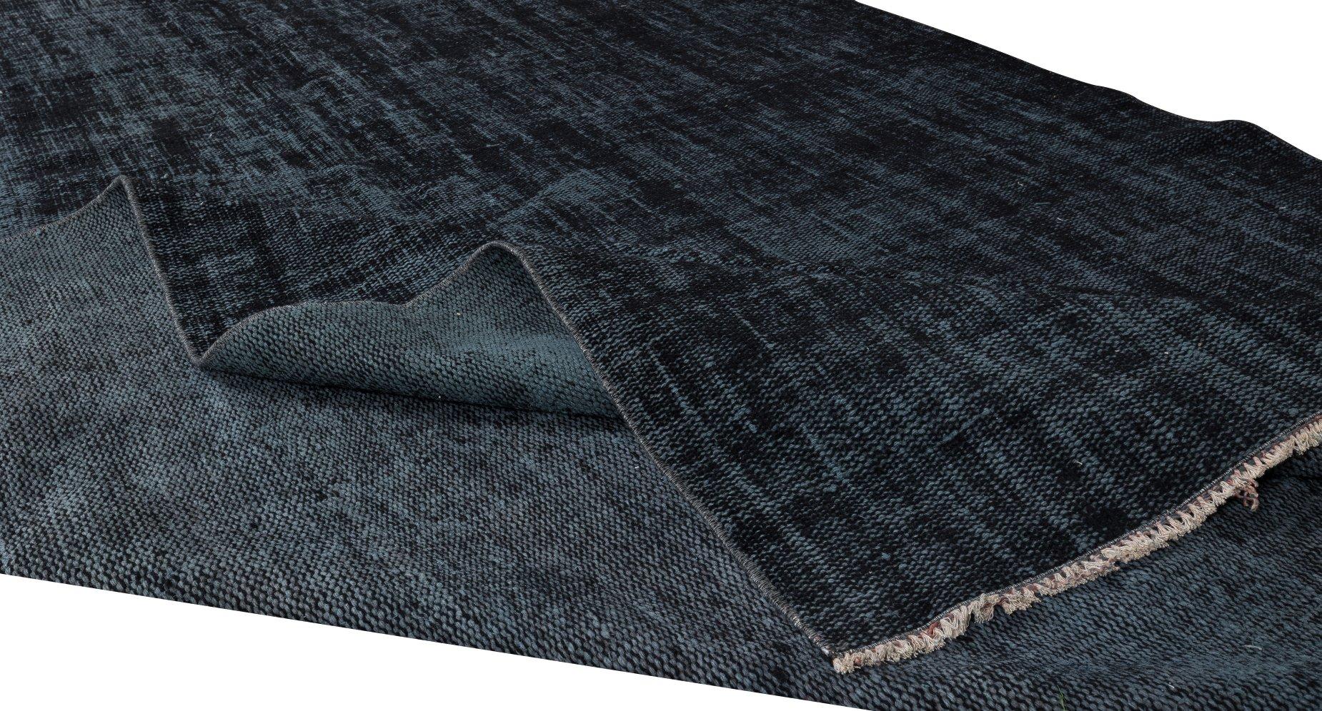 Hand-Knotted 6.6x10.6 Ft Black Re-Dyed Rug for Modern Interior, 1960s Handmade Turkish Carpet