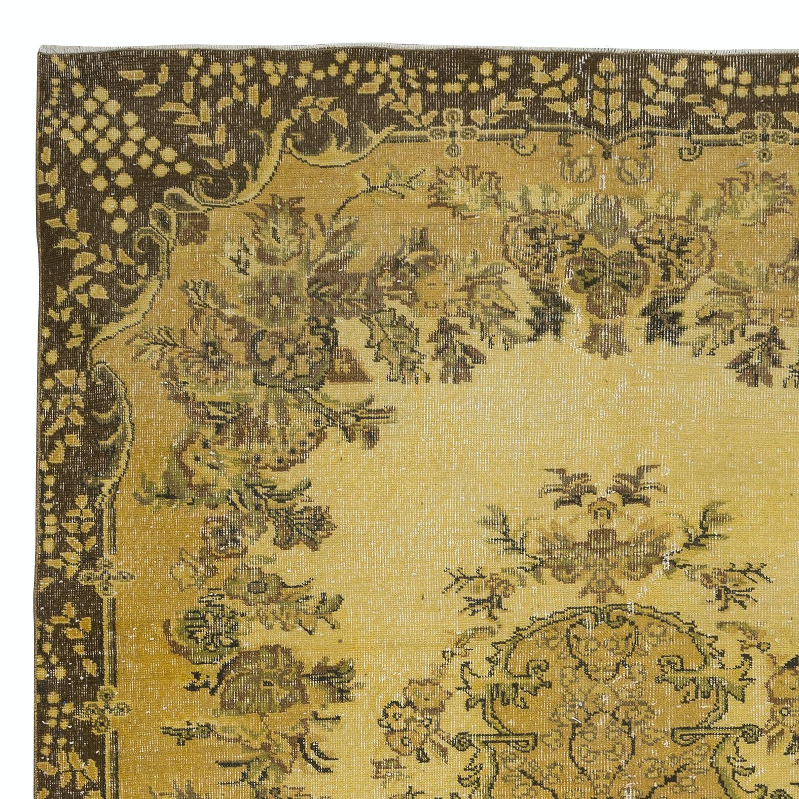 Modern 6.6x10.6 Ft Handmade Turkish Area Rug with Medallion Design & Yellow Background For Sale
