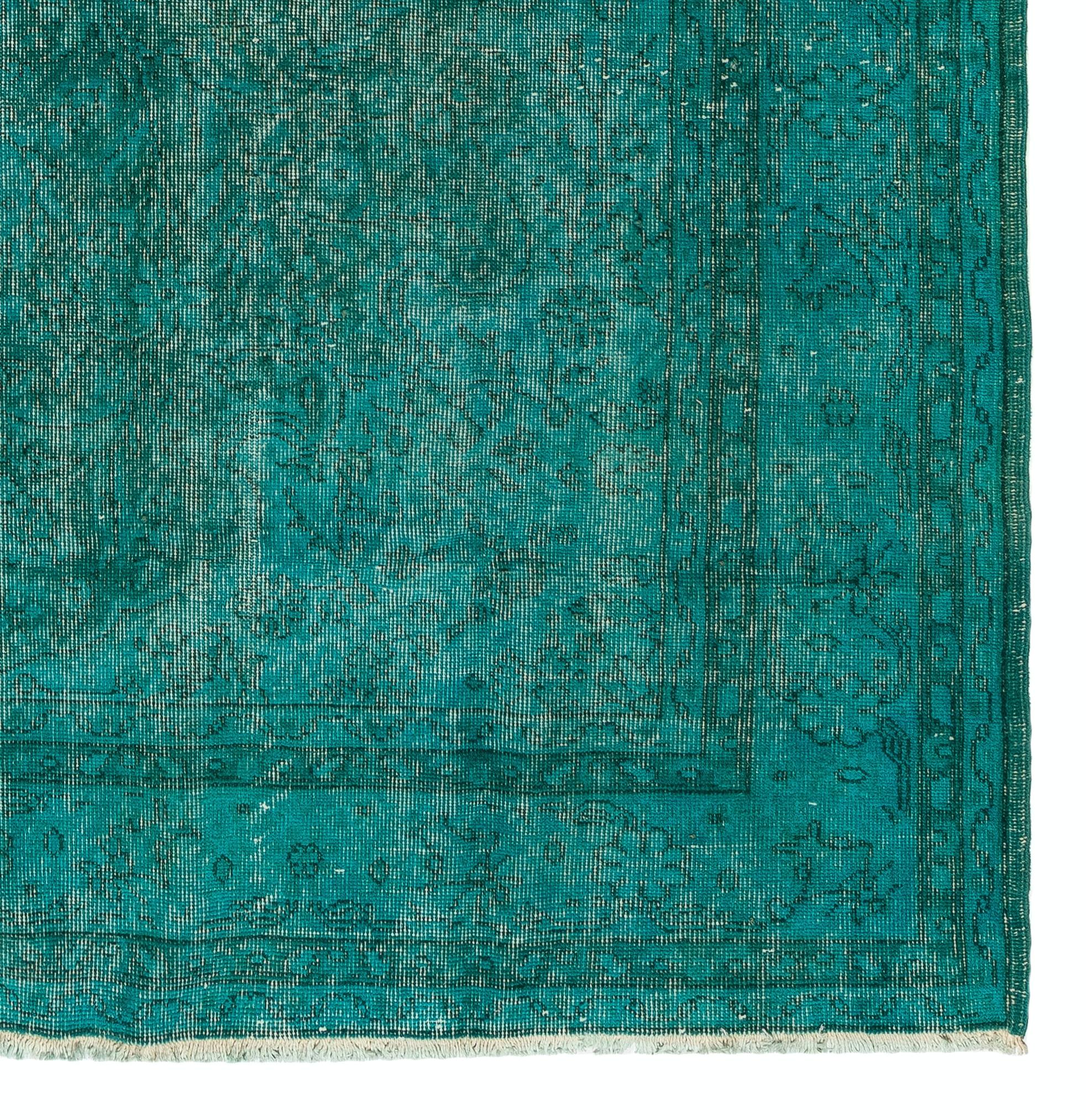 Wool 6.6x10.6 Ft Turquoise Blue Color ReDyed Vintage Turkish Rug for Modern Interiors